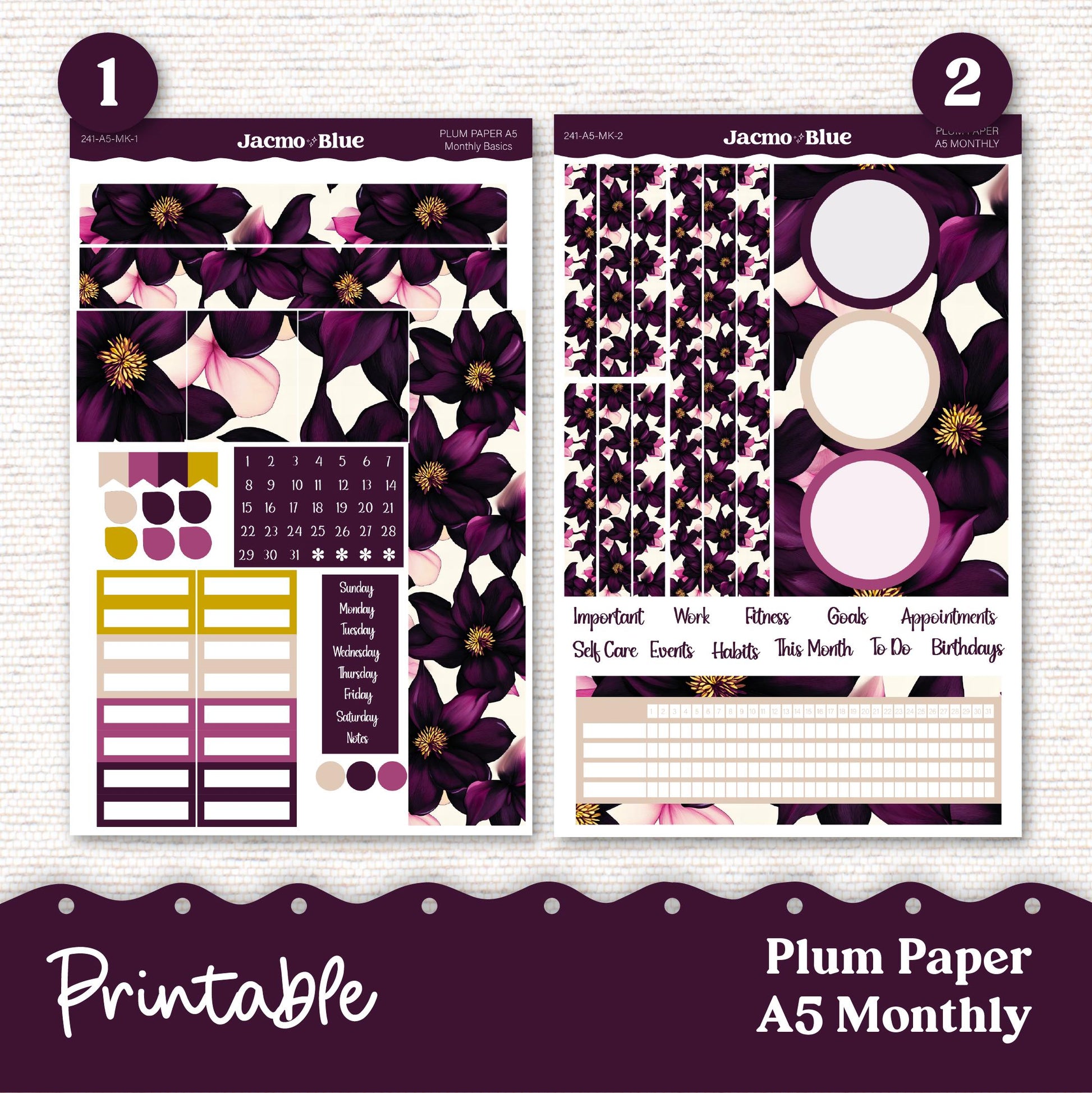 Printable Plum Paper Planner Monthly Stickers 8x11 7x9 A5 Print Cut Download Cricut Transparent PNG and Silhouette - 241P - Violet Mood