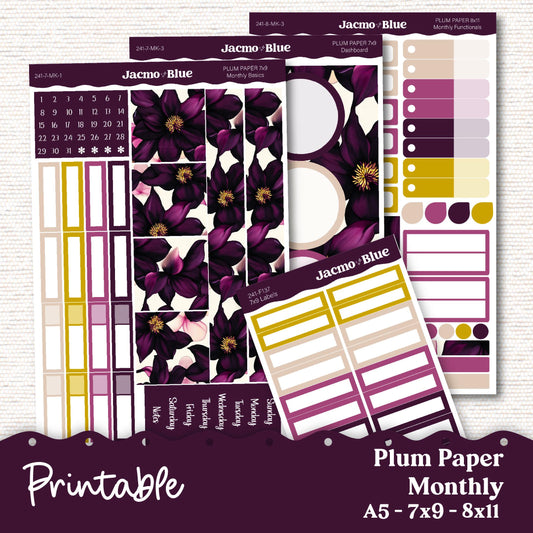 Printable Plum Paper Planner Monthly Stickers 8x11 7x9 A5 Print Cut Download Cricut Transparent PNG and Silhouette - 241P - Violet Mood