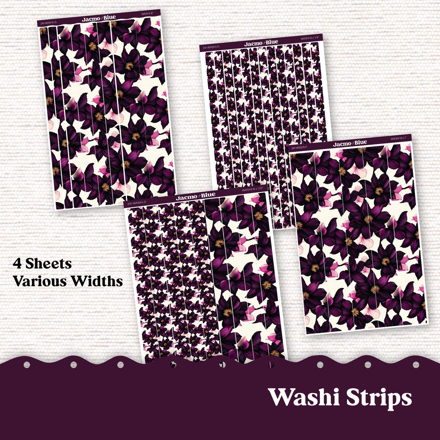 Washi Strips Stickers - 8 Inches Long - Kit 241 - Violet Mood