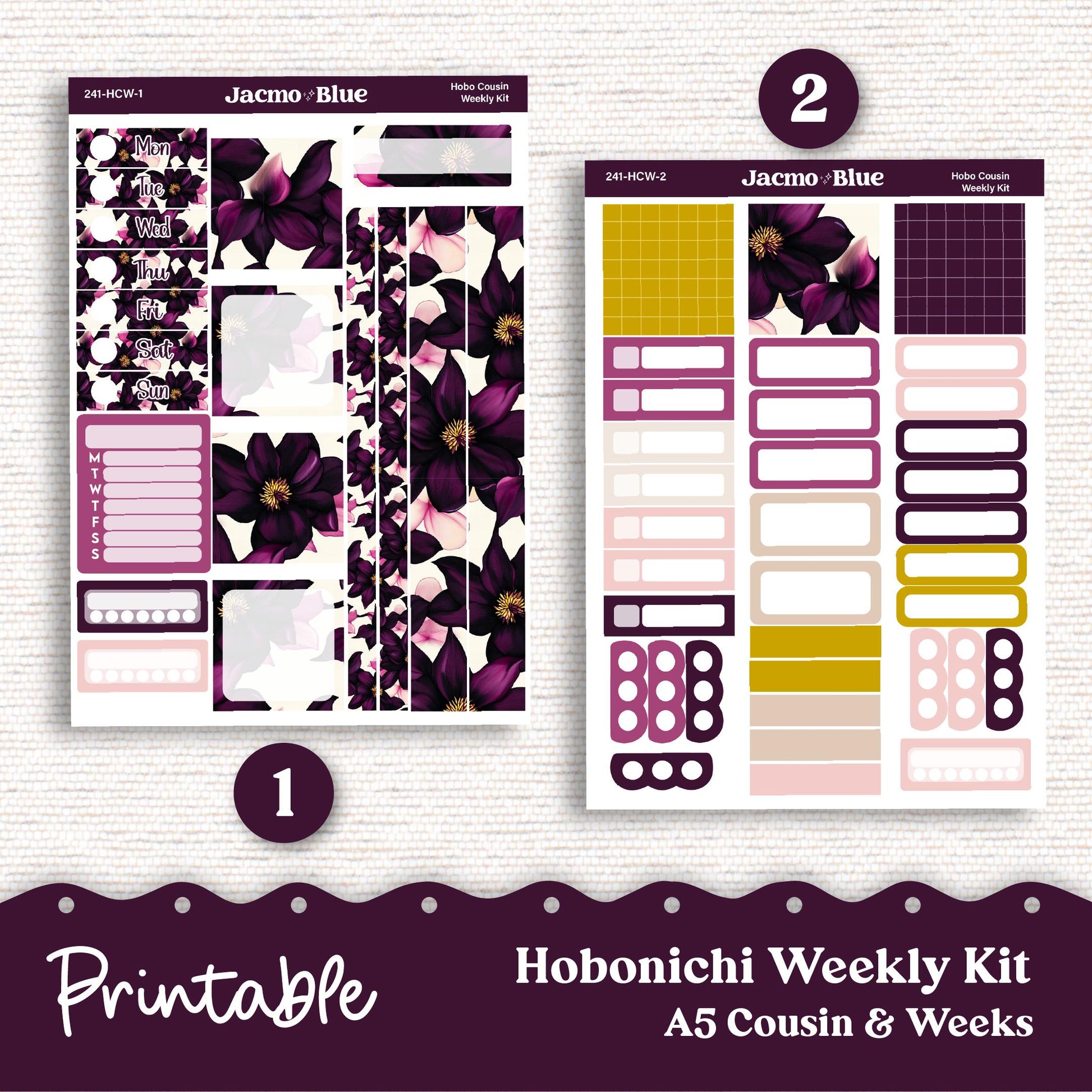 PRINTABLE Hobonichi Weekly Sticker Kit Cousin & Weeks Planner Stickers - Silhouette Cricut Transparent PNG Files 241P Violet Mood