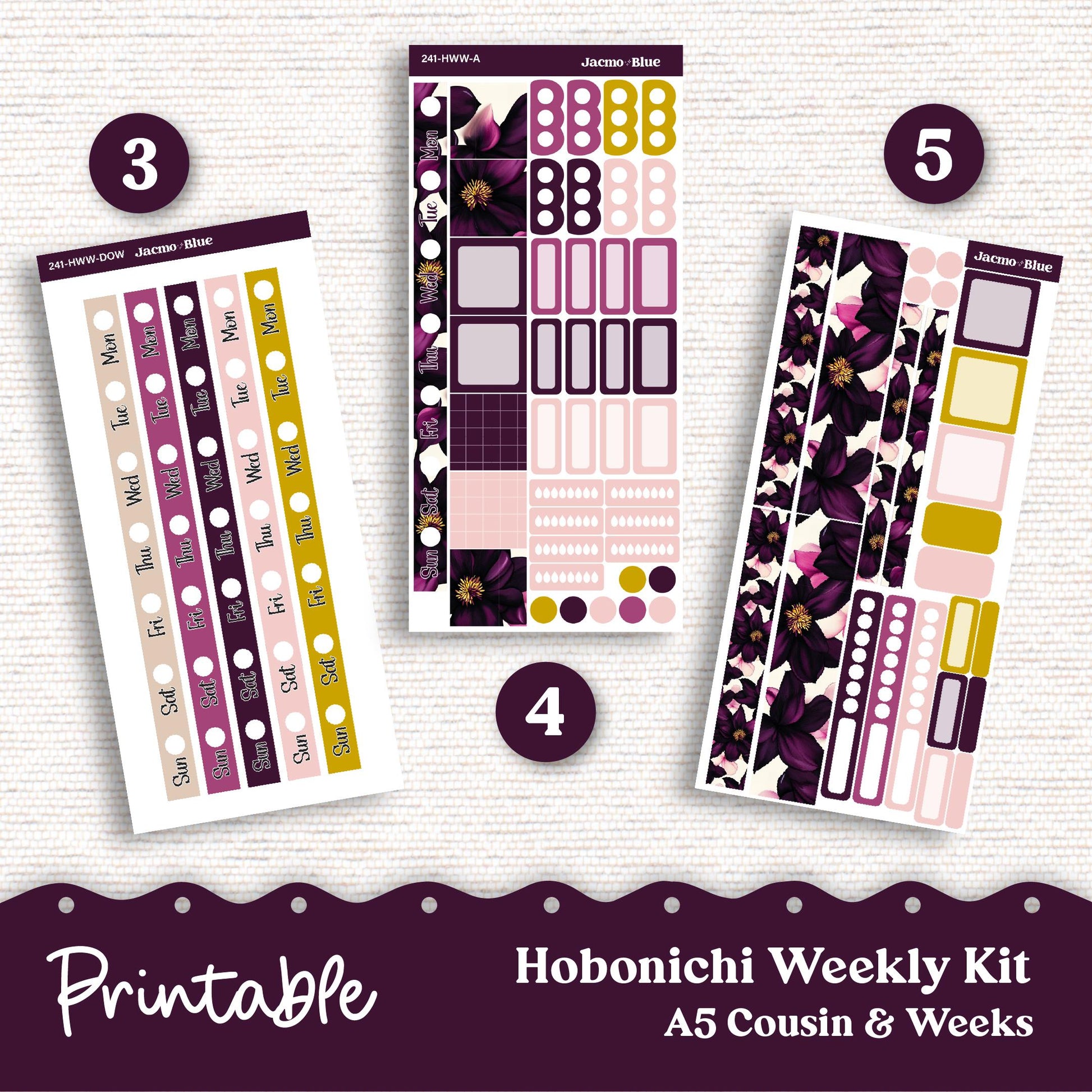 PRINTABLE Hobonichi Weekly Sticker Kit Cousin & Weeks Planner Stickers - Silhouette Cricut Transparent PNG Files 241P Violet Mood