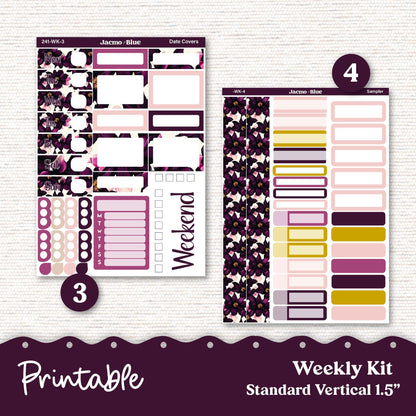 PRINTABLE Weekly Sticker Kit Vertical Planner 13 Sheets - Silhouette Cricut Transparent PNG Files 241P Violet Mood Deep Purple