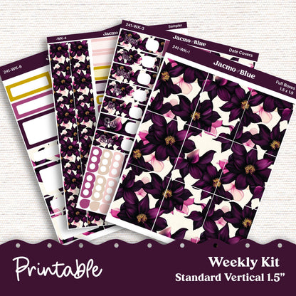 PRINTABLE Weekly Sticker Kit Vertical Planner 13 Sheets - Silhouette Cricut Transparent PNG Files 241P Violet Mood Deep Purple