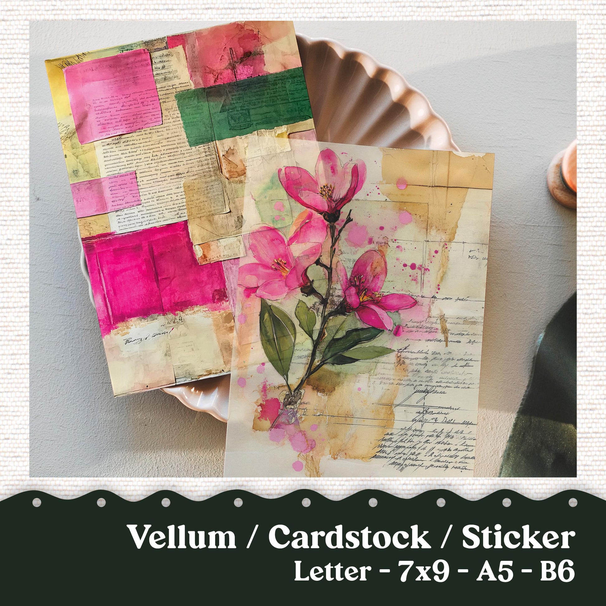 Vellum or Cardstock Dashboard Tip-in for Planners or Junk Journaling - Kit 128V - Pink Green Ephemera