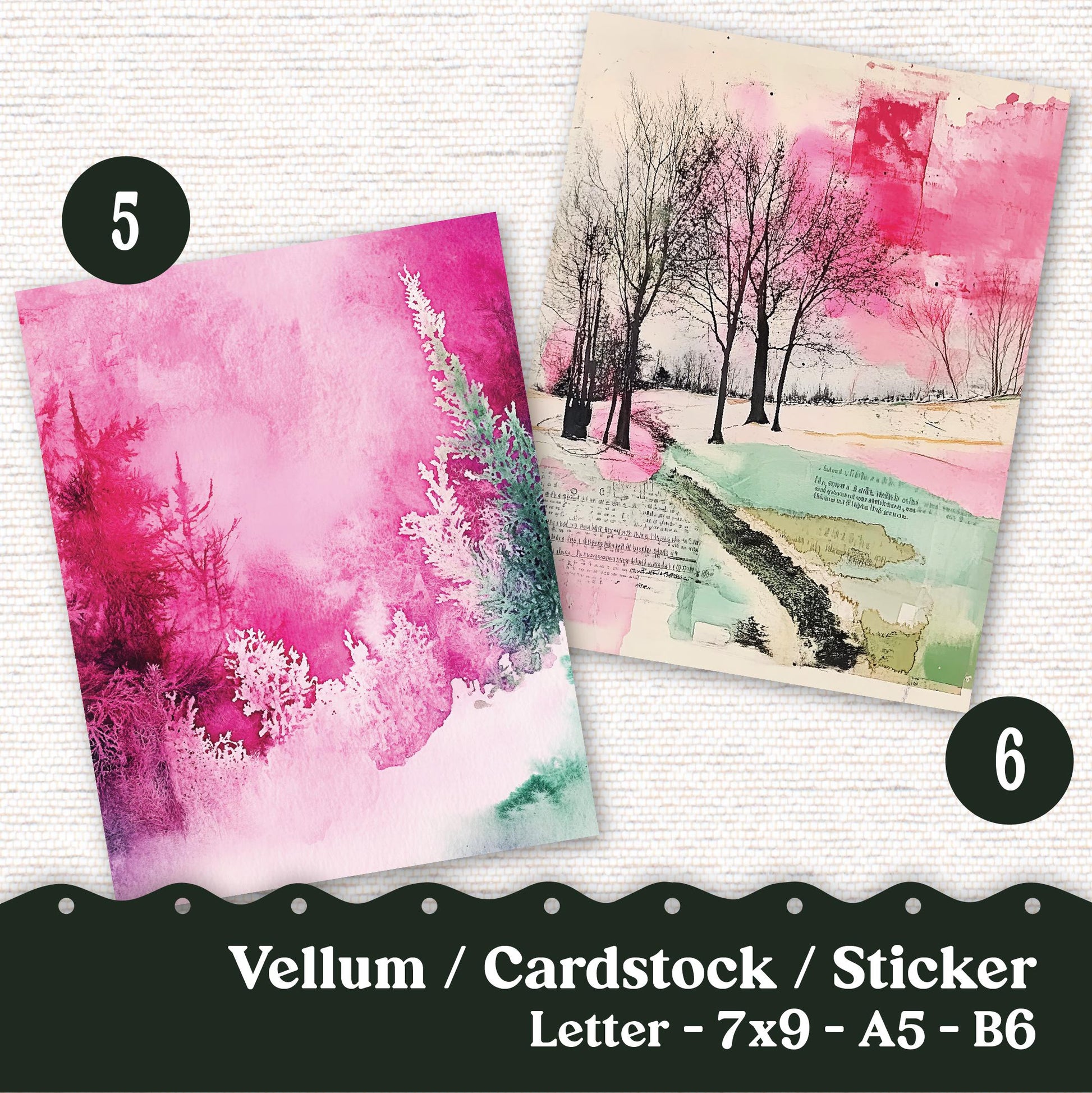 Vellum or Cardstock Dashboard Tip-in for Planners or Junk Journaling - Kit 128V - Pink Green Ephemera