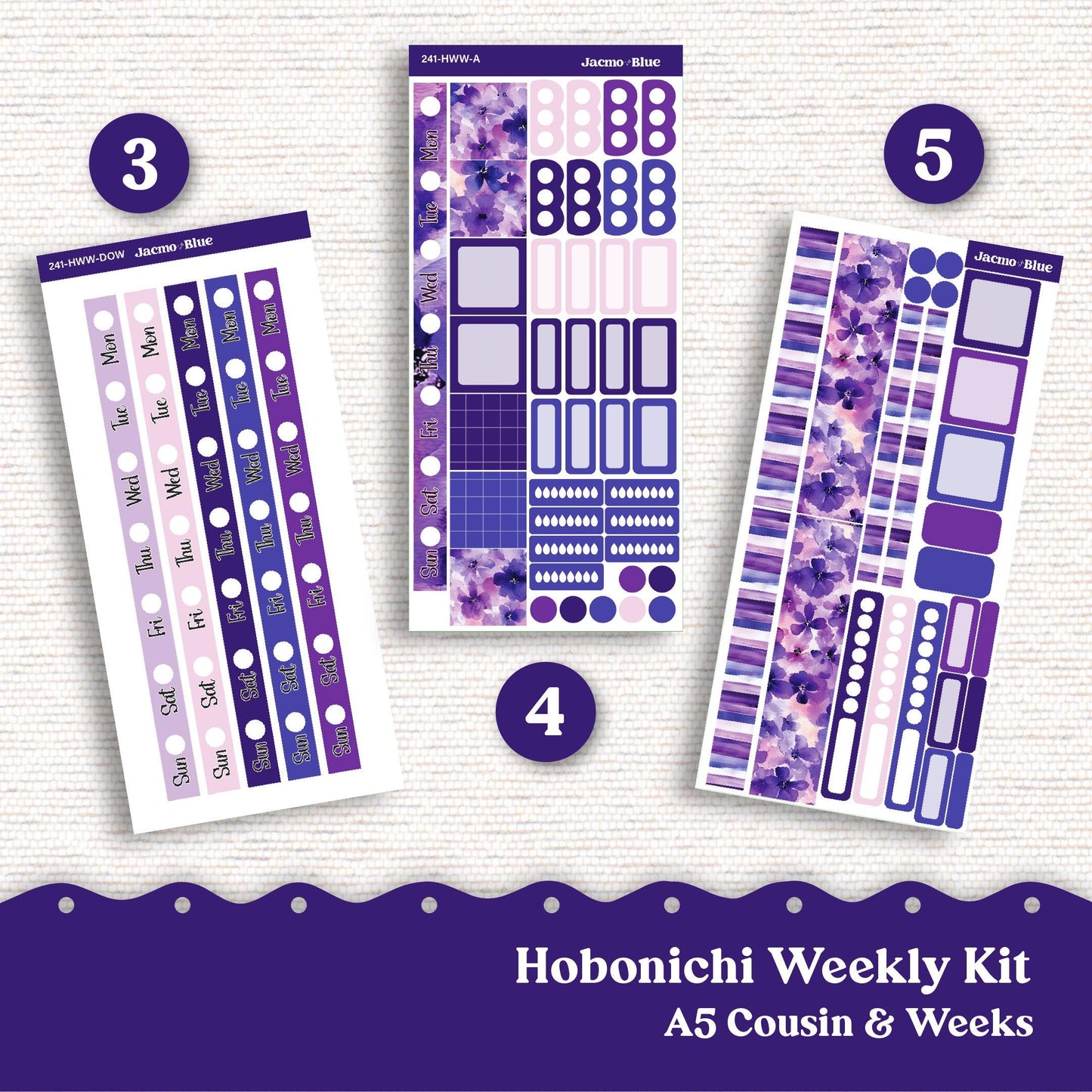 Hobonichi Cousin & Weeks Weekly Planner Sticker Kit 2025 - Hobo Stickers - 242 Purple Watercolor