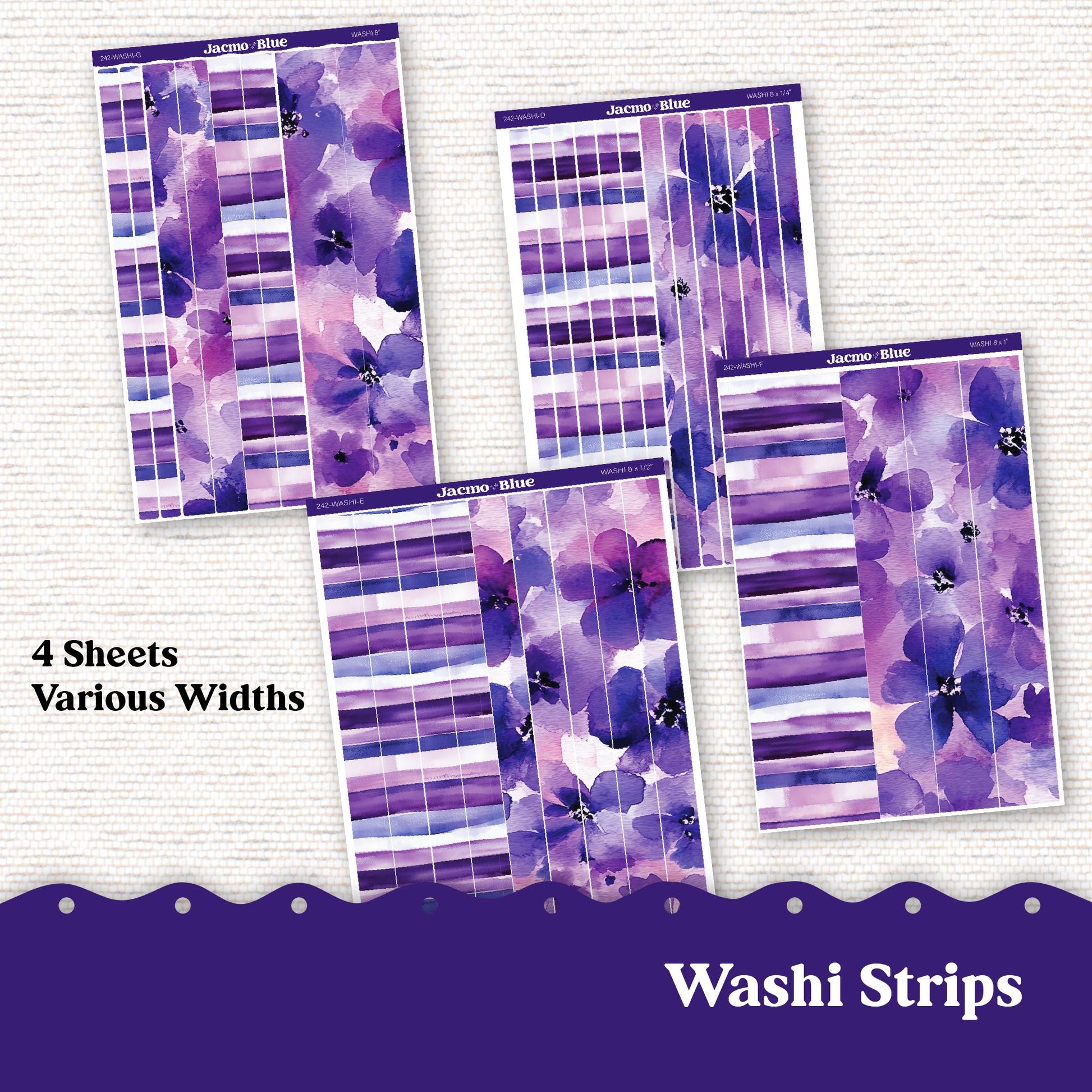 Washi Strips Stickers - 8 Inches Long - Kit 242 Purple Watercolor