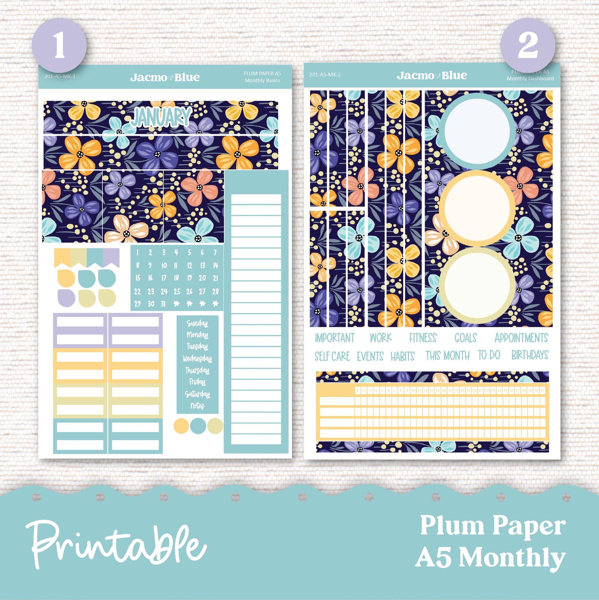 PRINTABLE Plum Paper Planner Monthly Stickers Spring 8x11 7x9 A5 Print and Cut - Kit January 201 Includes Bill Due Auto Pay and Months