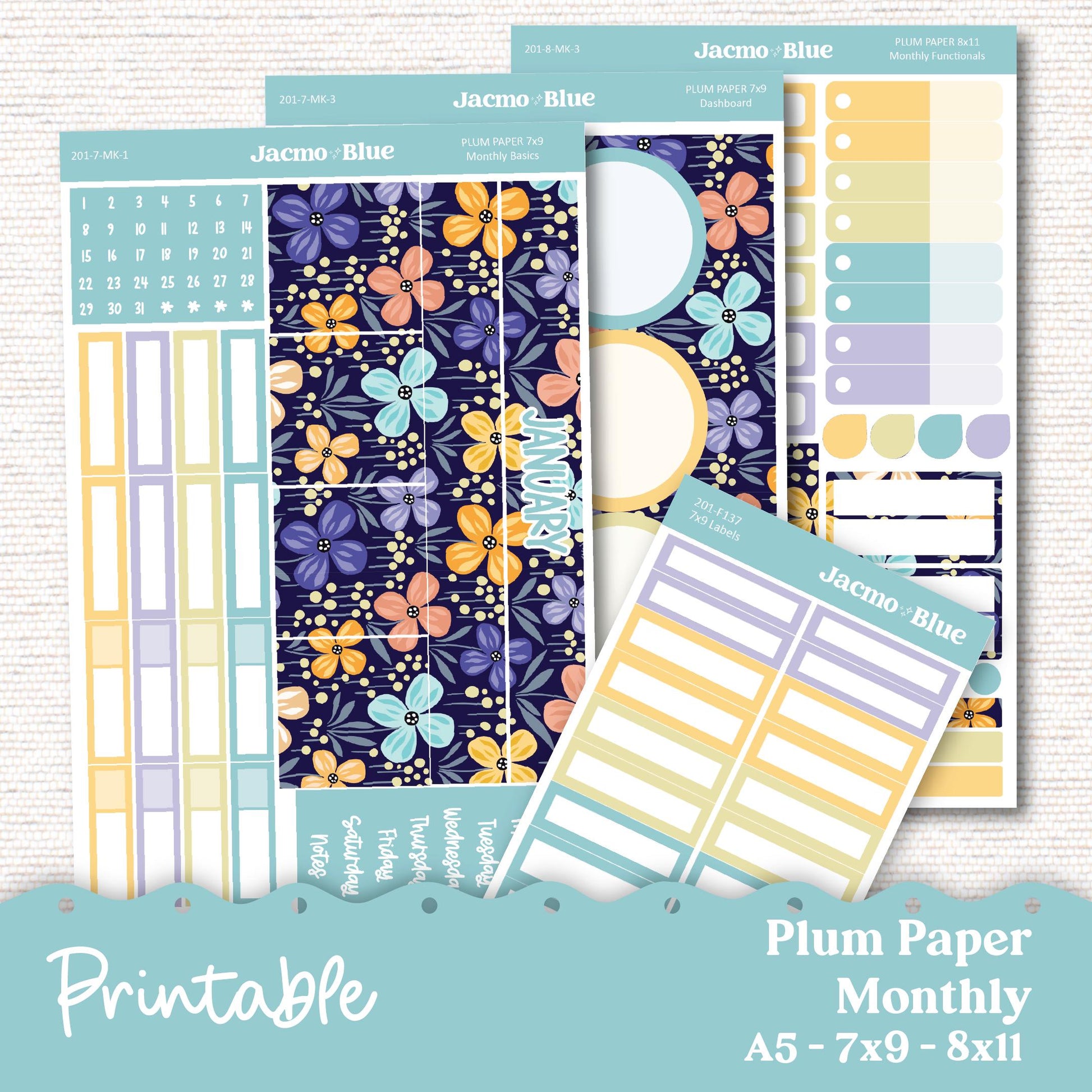 PRINTABLE Plum Paper Planner Monthly Stickers Spring 8x11 7x9 A5 Print and Cut - Kit January 201 Includes Bill Due Auto Pay and Months