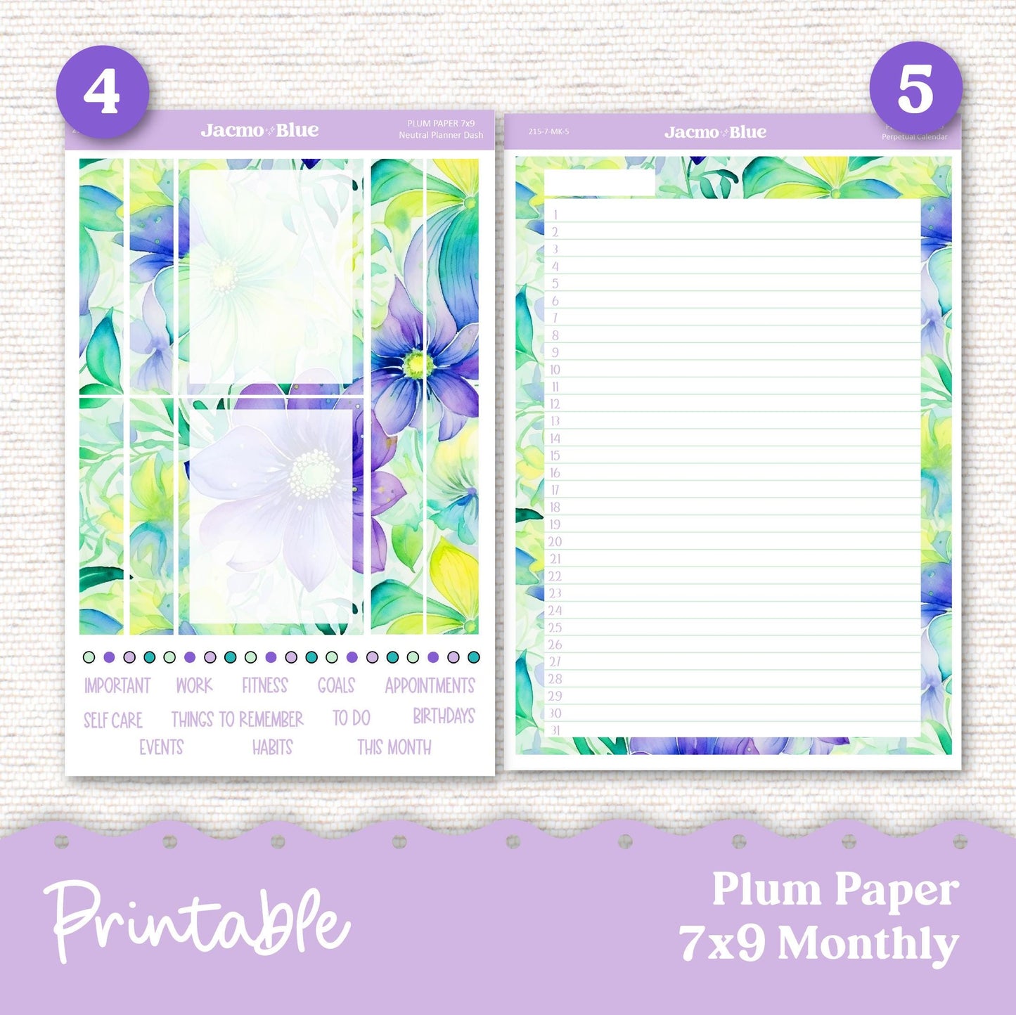 PRINTABLE September Plum Paper Planner Monthly Stickers 8x11 7x9 A5 Print and Cut - 215P Green Purple flowers Spring