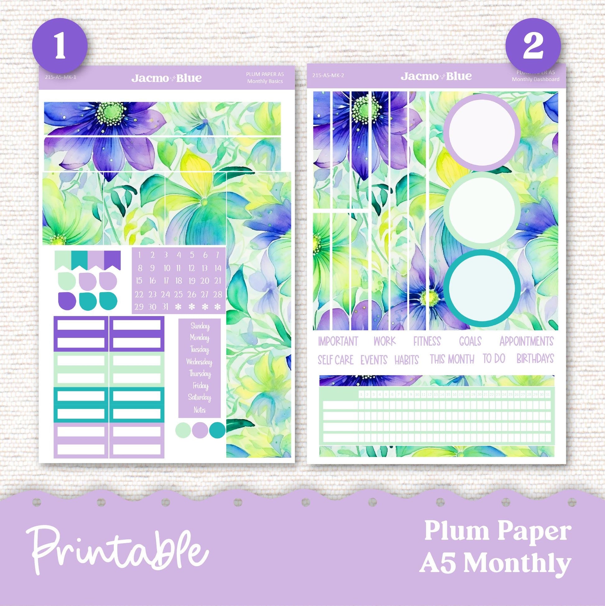 PRINTABLE September Plum Paper Planner Monthly Stickers 8x11 7x9 A5 Print and Cut - 215P Green Purple flowers Spring