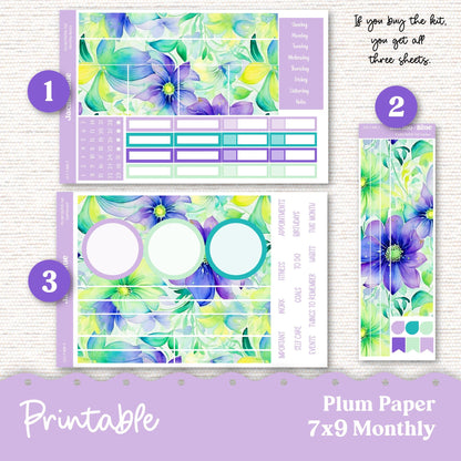 PRINTABLE September Plum Paper Planner Monthly Stickers 8x11 7x9 A5 Print and Cut - 215P Green Purple flowers Spring