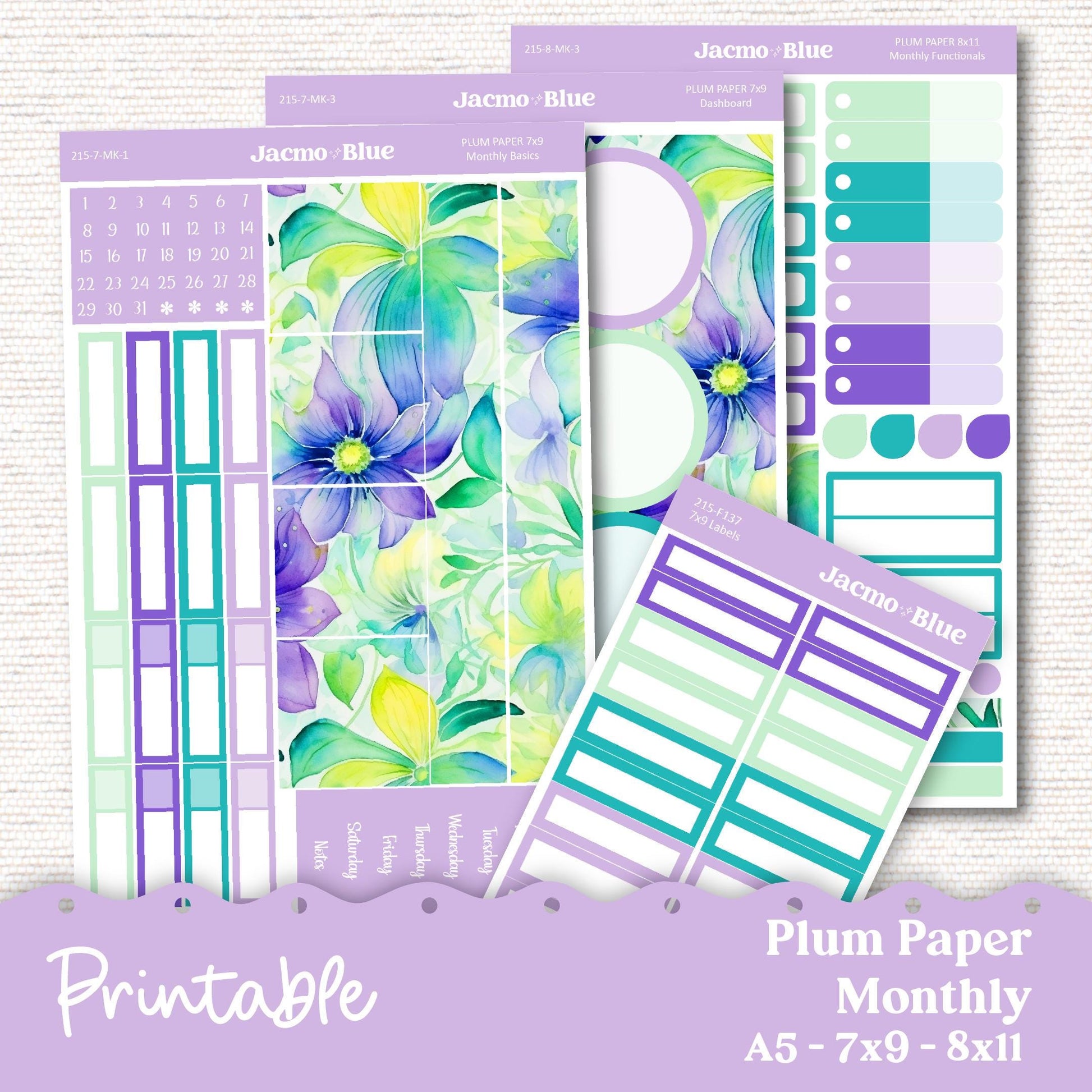 PRINTABLE September Plum Paper Planner Monthly Stickers 8x11 7x9 A5 Print and Cut - 215P Green Purple flowers Spring