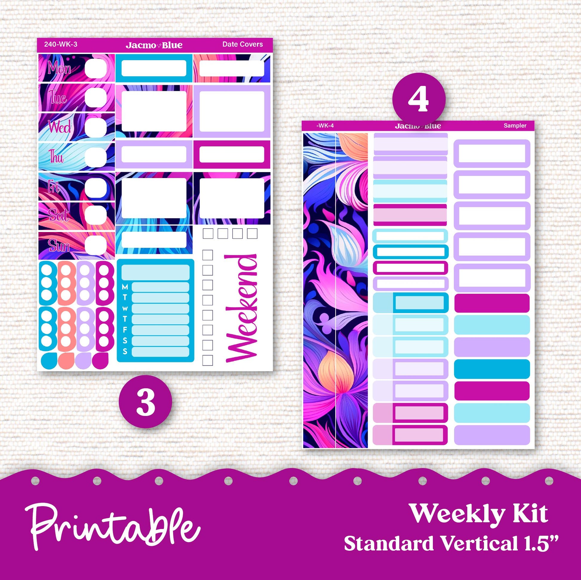 PRINTABLE Weekly Sticker Kit Vertical Planner 13 Sheets - Silhouette Cricut Transparent PNG Files 240 Outrageous Bright Pink Purple