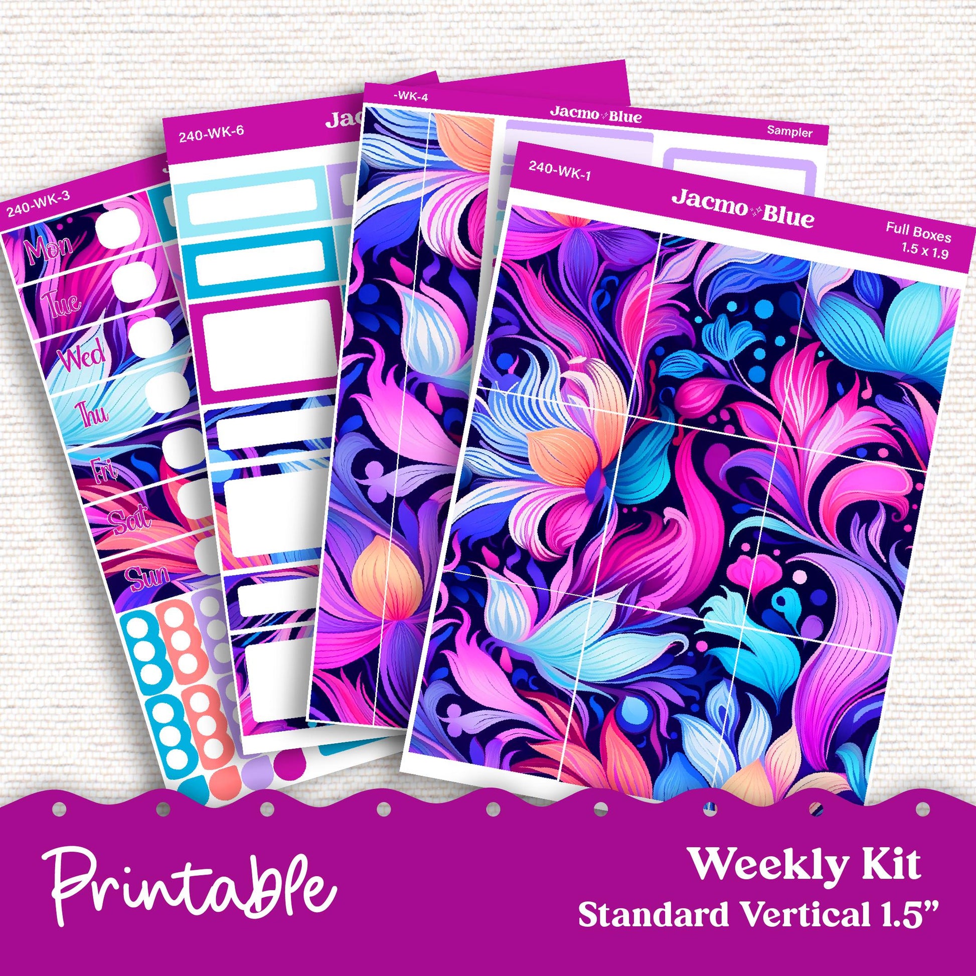 PRINTABLE Weekly Sticker Kit Vertical Planner 13 Sheets - Silhouette Cricut Transparent PNG Files 240 Outrageous Bright Pink Purple