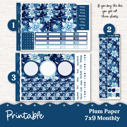 Printable Plum Paper Planner Monthly Stickers 8x11 7x9 A5 Print Cut Download Cricut Transparent PNG and Silhouette - 189P Icy Flowers