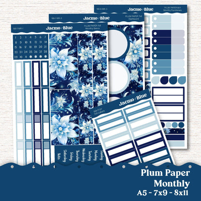 Icy Flowers Plum Paper Monthly Sticker Kit for 8x11 7x9 A5 Planners - Kit 189 Planner Stickers Blue winter Januray