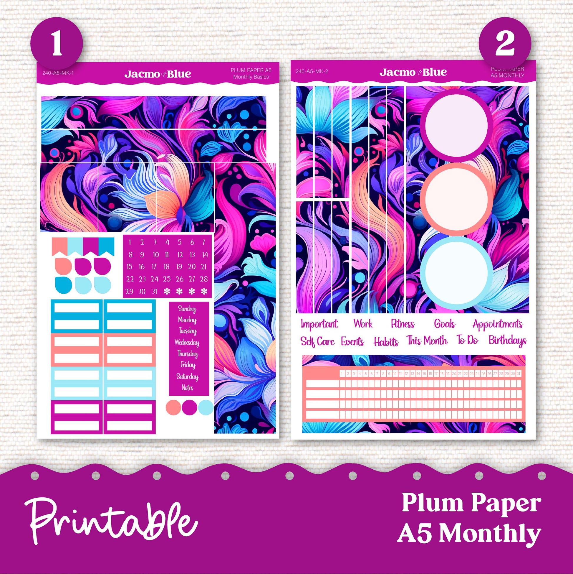 Outrageous Swirls Plum Paper Planner Printable Monthly Stickers 8x11 7x9 A5 Print Cut Download Cricut Transparent PNG and Silhouette - 240P