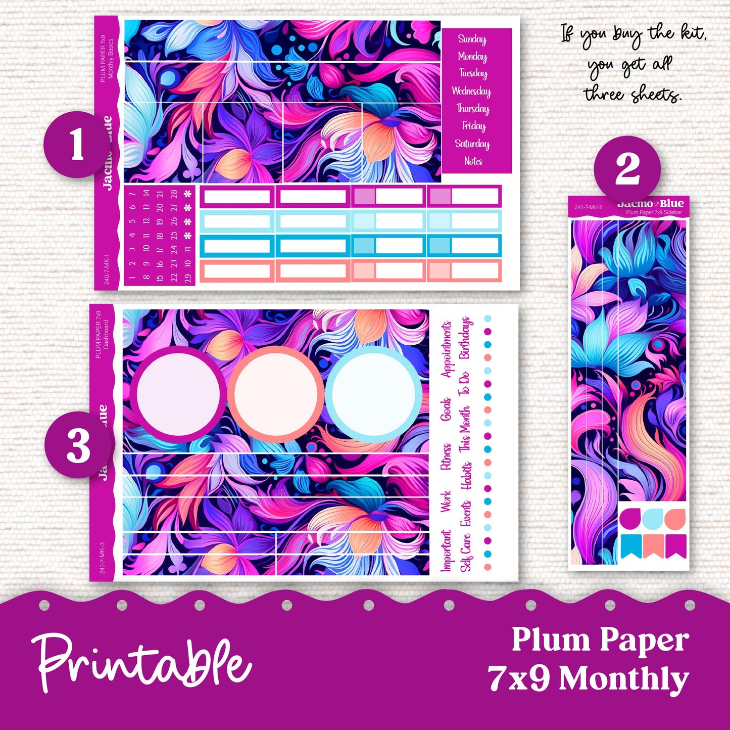 Outrageous Swirls Plum Paper Planner Printable Monthly Stickers 8x11 7x9 A5 Print Cut Download Cricut Transparent PNG and Silhouette - 240P