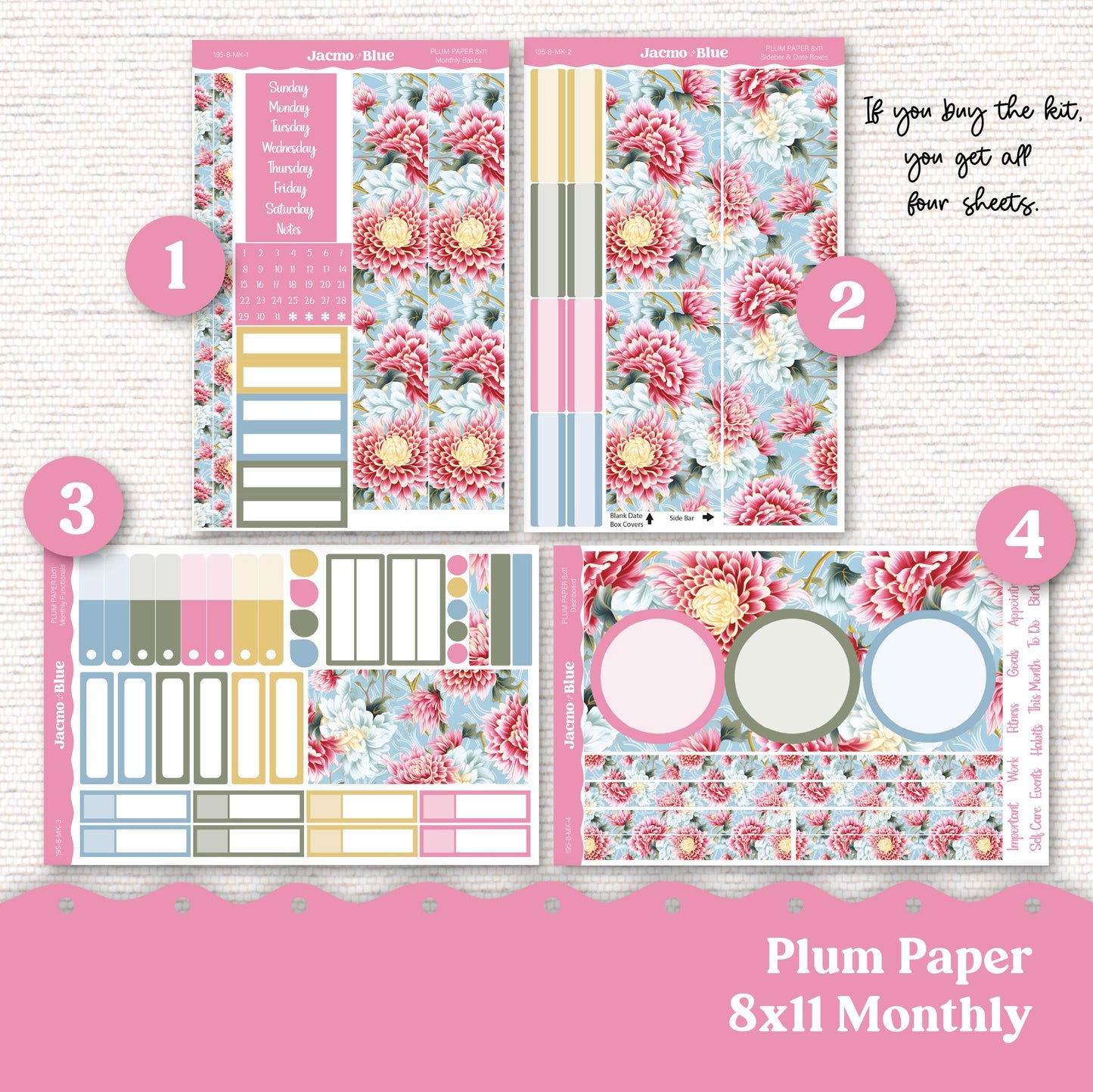 Plum Paper Monthly Sticker Kit for 8x11 7x9 A5 Planners - Kit 181 Planner Stickers Pink Vintage Kimono