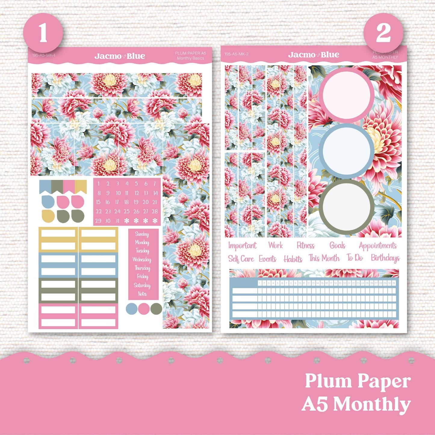 Plum Paper Monthly Sticker Kit for 8x11 7x9 A5 Planners - Kit 181 Planner Stickers Pink Vintage Kimono