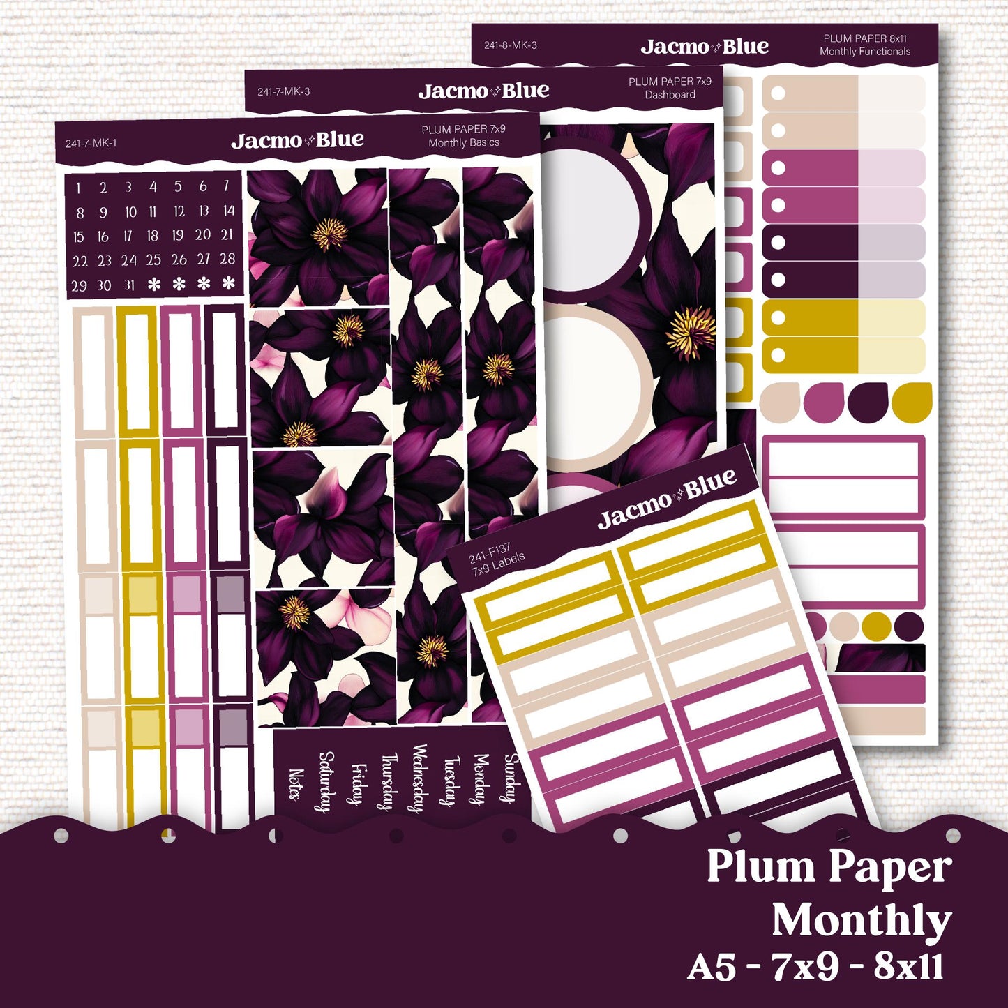 Plum Paper Monthly Sticker Kit for 8x11 7x9 A5 Planners - Kit 241 Planner Stickers Violet Mood