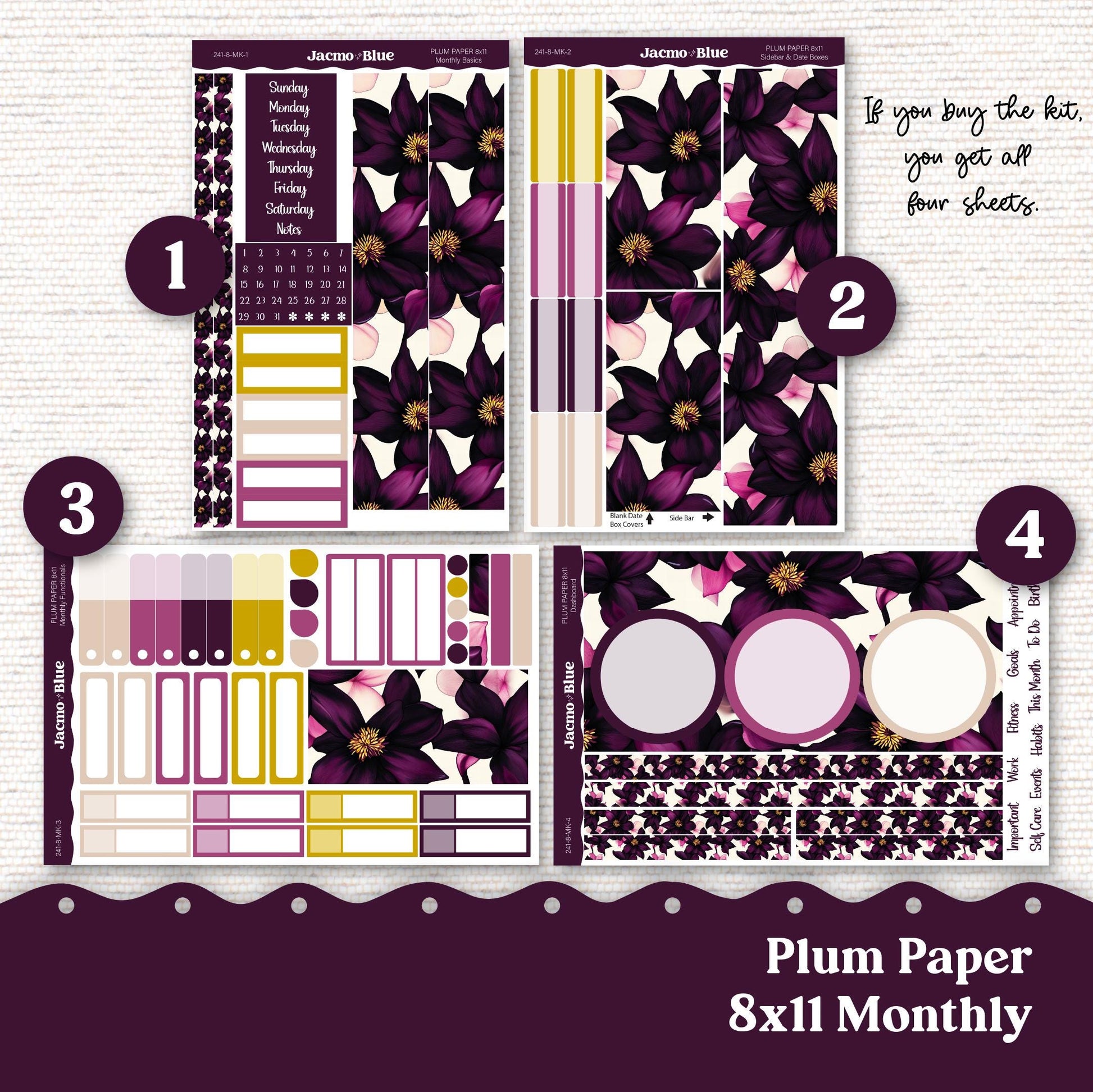 Plum Paper Monthly Sticker Kit for 8x11 7x9 A5 Planners - Kit 241 Planner Stickers Violet Mood