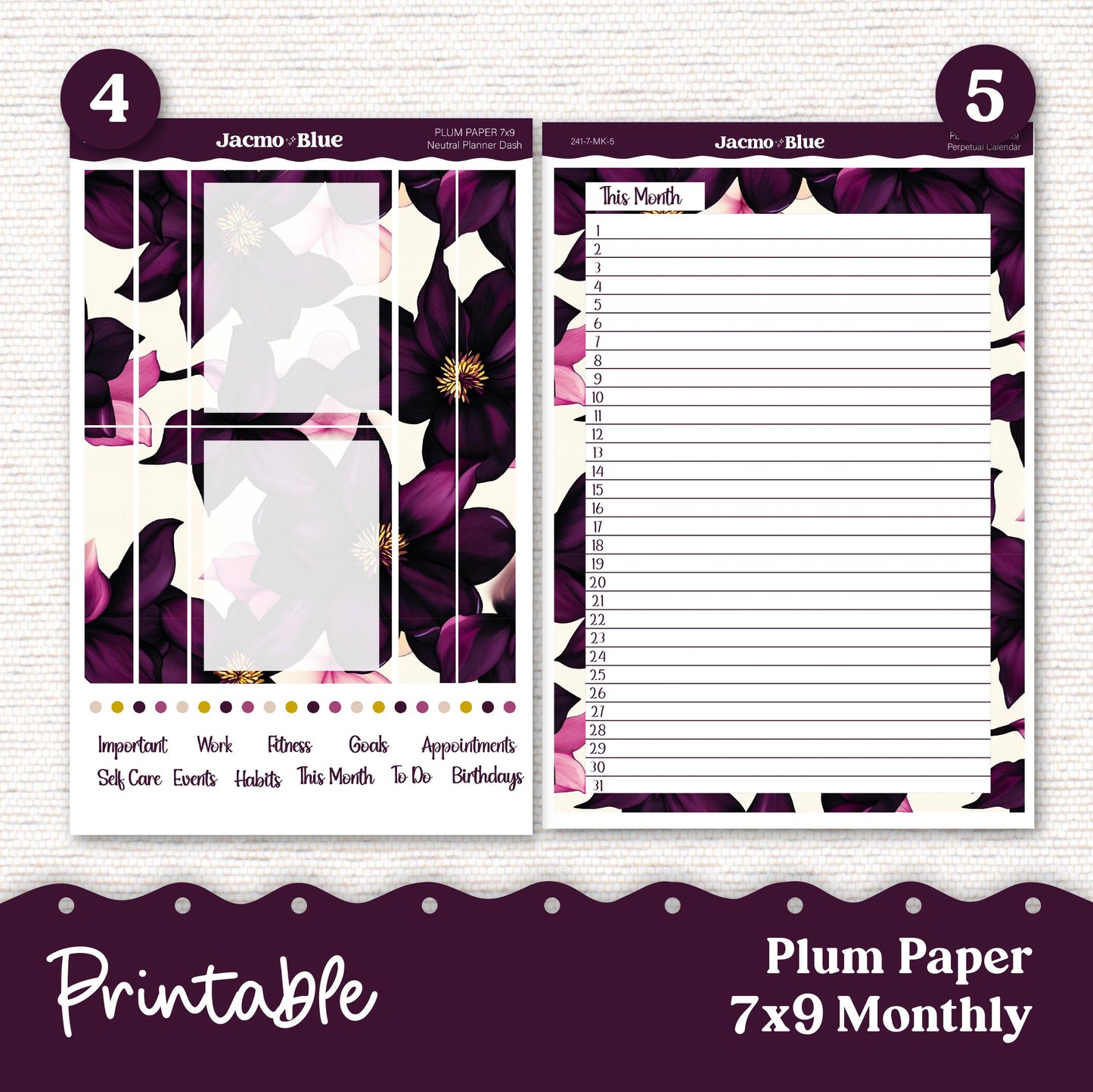 Printable Plum Paper Planner Monthly Stickers 8x11 7x9 A5 Print Cut Download Cricut Transparent PNG and Silhouette - 241P - Violet Mood