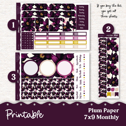 Printable Plum Paper Planner Monthly Stickers 8x11 7x9 A5 Print Cut Download Cricut Transparent PNG and Silhouette - 241P - Violet Mood