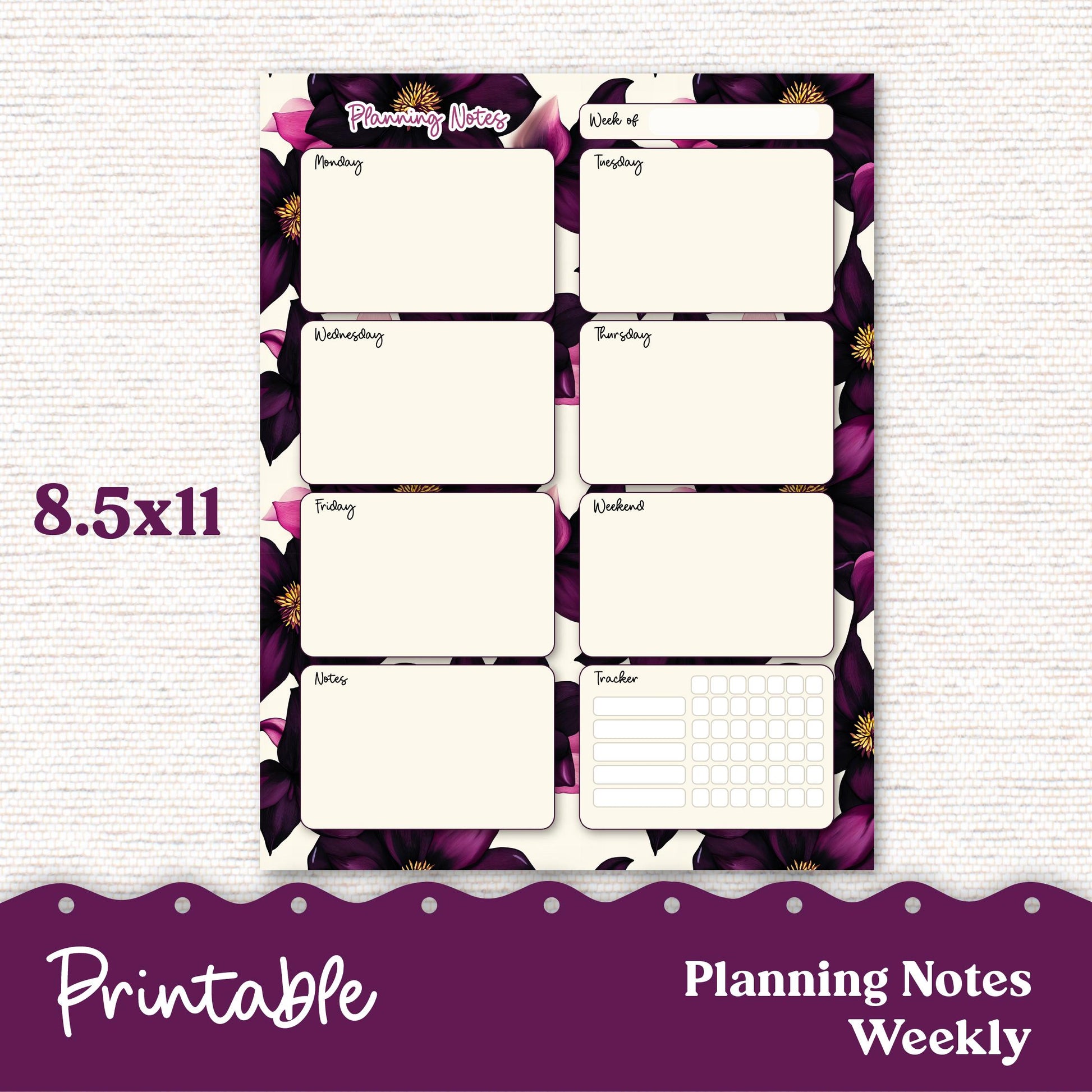 PRINTABLE Weekly Planning Sheets for Preplanning or Memory Notes Weekly Planner Letter and A5 Sizes 241P