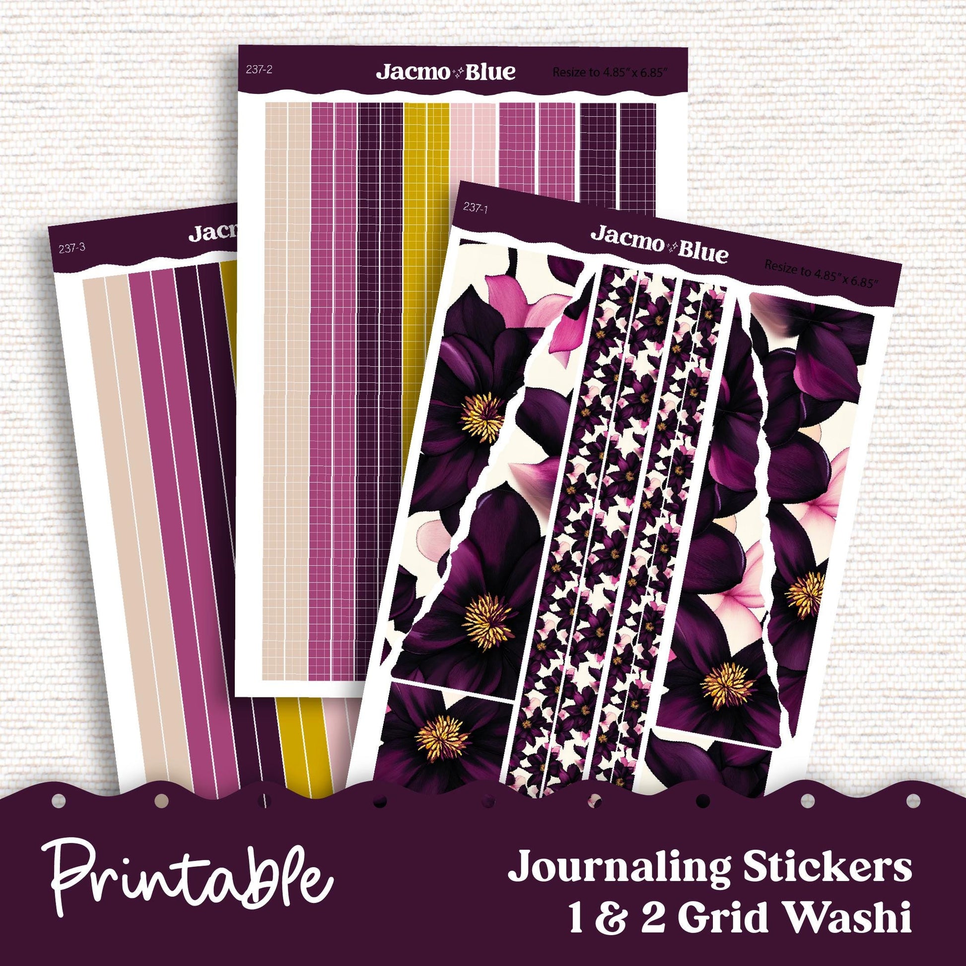 Printable Thin Washi & Minimal Basics for Journaling 3.9mm Washi Planners Sticker Kit Cricut Studio PNG Cut Files - Violet Mood 241P