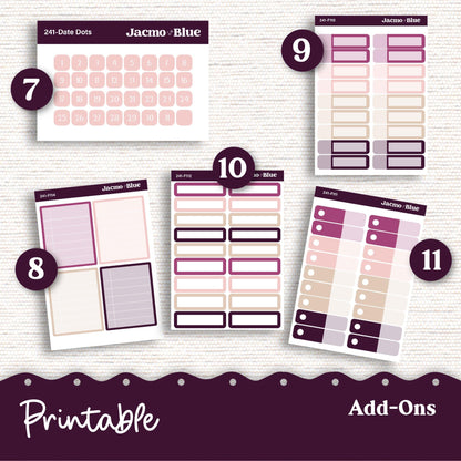 PRINTABLE Weekly Sticker Kit Vertical Planner 13 Sheets - Silhouette Cricut Transparent PNG Files 241P Violet Mood Deep Purple