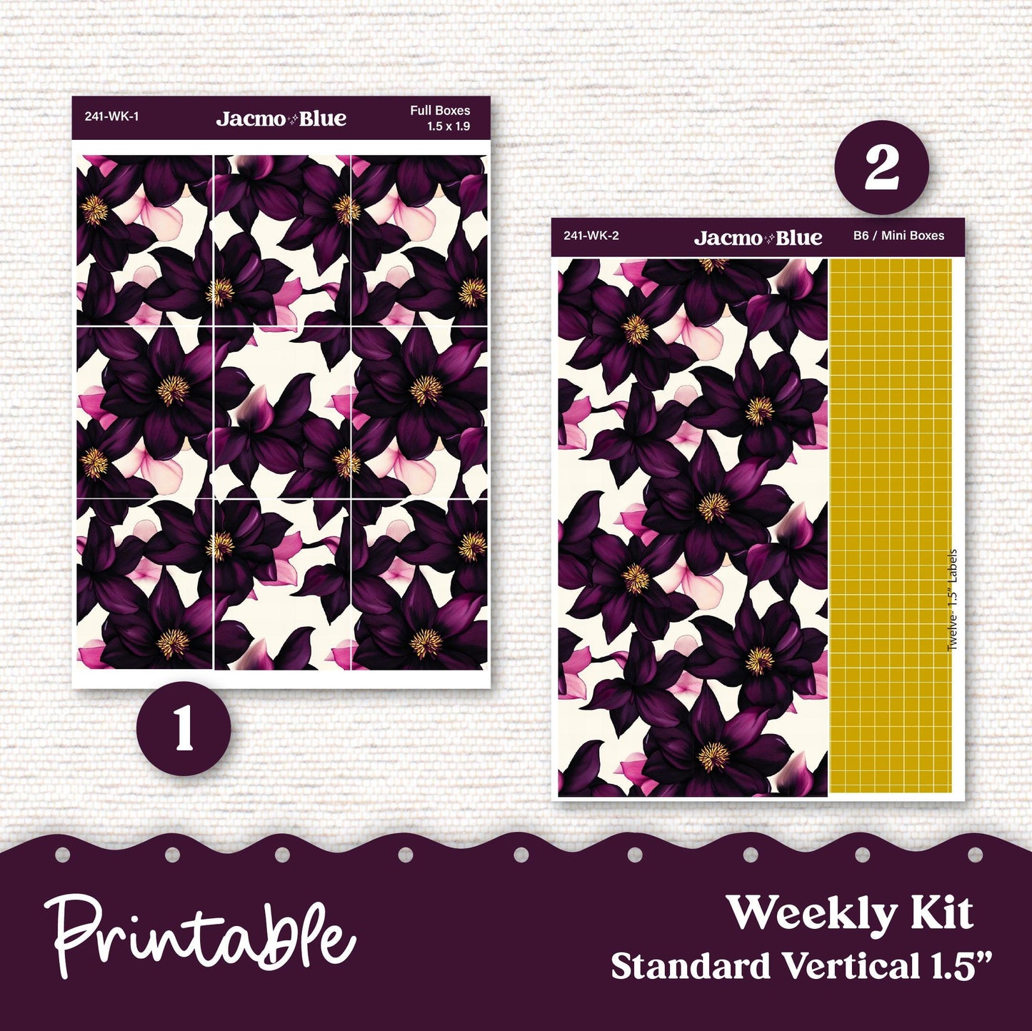 PRINTABLE Weekly Sticker Kit Vertical Planner 13 Sheets - Silhouette Cricut Transparent PNG Files 241P Violet Mood Deep Purple