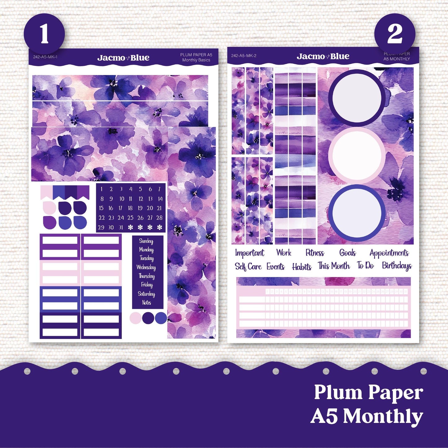 Plum Paper Monthly Sticker Kit for 8x11 7x9 A5 Planners - Kit 242 Planner Stickers 2025