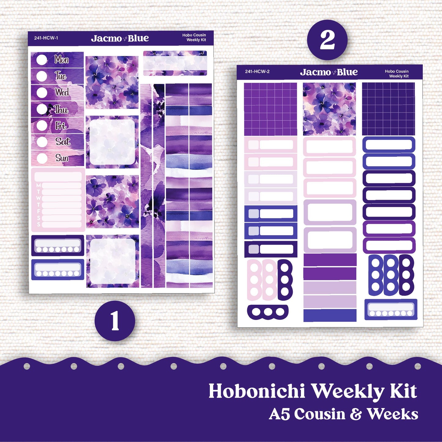 Hobonichi Cousin & Weeks Weekly Planner Sticker Kit 2025 - Hobo Stickers - 242 Purple Watercolor