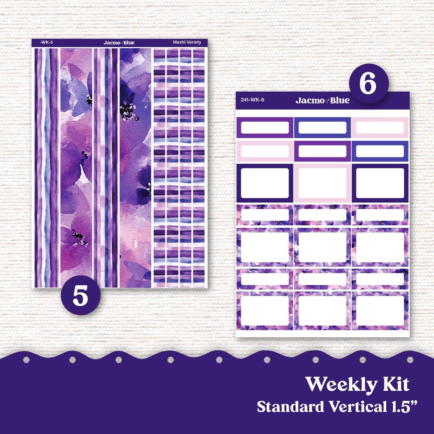 Weekly Planner Sticker Kit Vertical Planner Stickers Kit 242 Purple Watercolor - Standard Vertical 1.5" Columns A5 B6