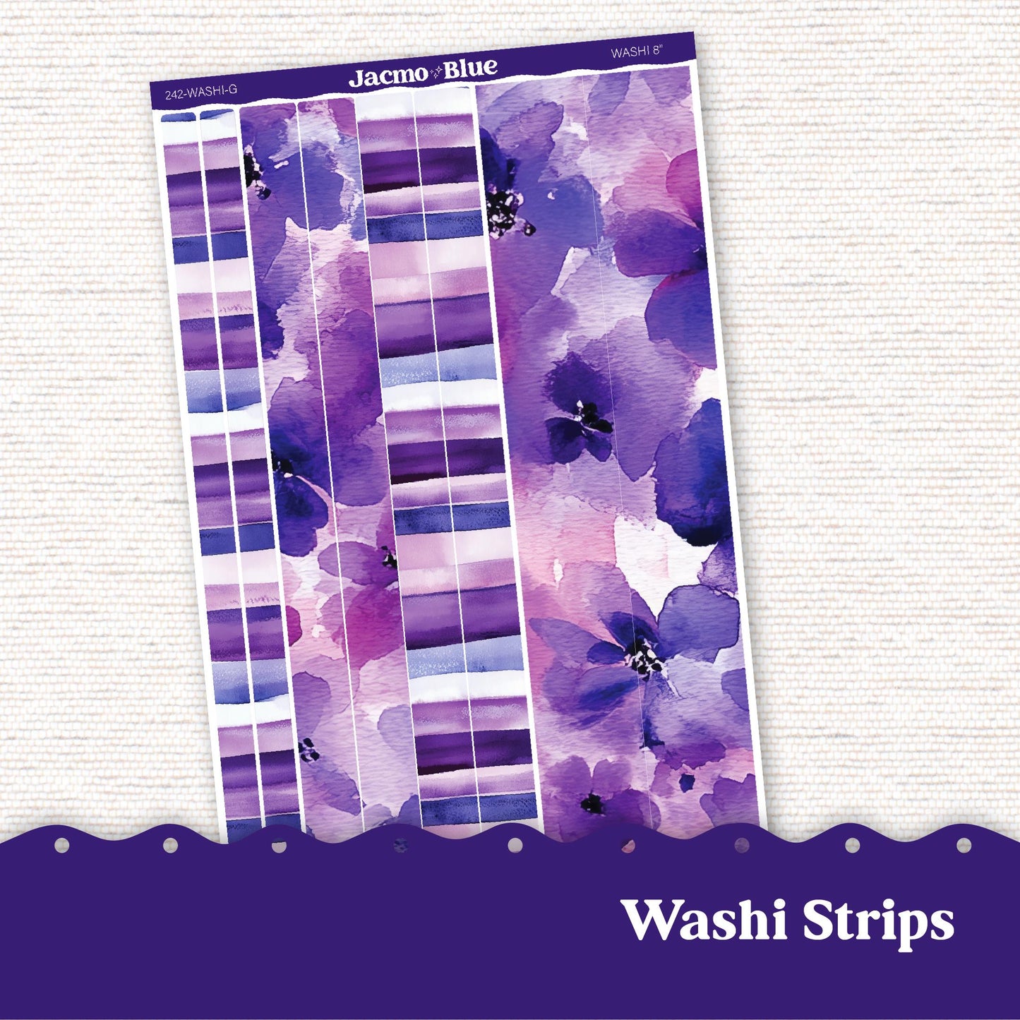 Washi Strips Stickers - 8 Inches Long - Kit 242 Purple Watercolor