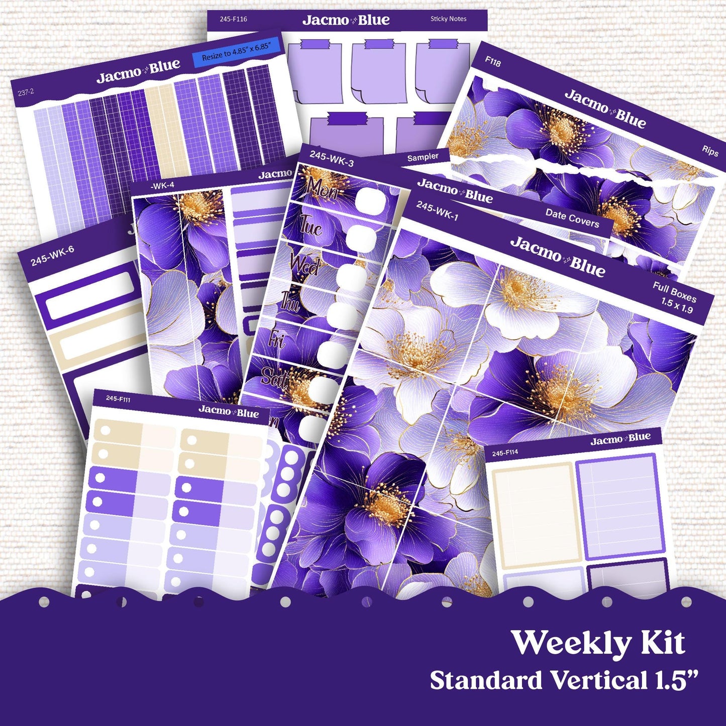 Weekly Planner Sticker Kit Vertical Planner Stickers Kit 245 Purple Watercolor - Standard Vertical 1.5" Columns A5 B6