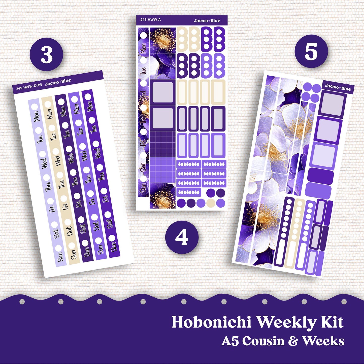 Hobonichi Cousin & Weeks Weekly Planner Sticker Kit 2025 - Hobo Stickers - 245 Purple Watercolor