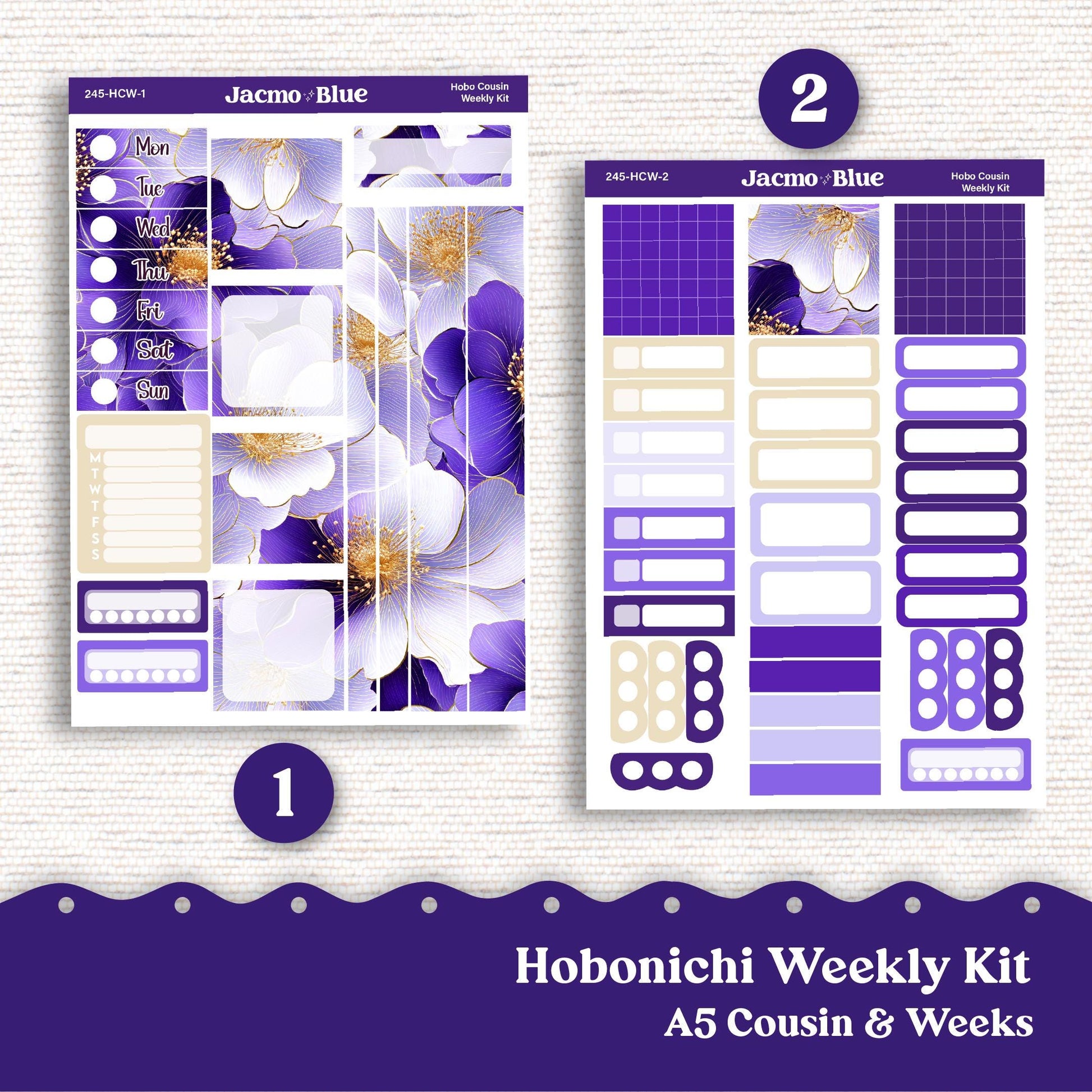 Hobonichi Cousin & Weeks Weekly Planner Sticker Kit 2025 - Hobo Stickers - 245 Purple Watercolor