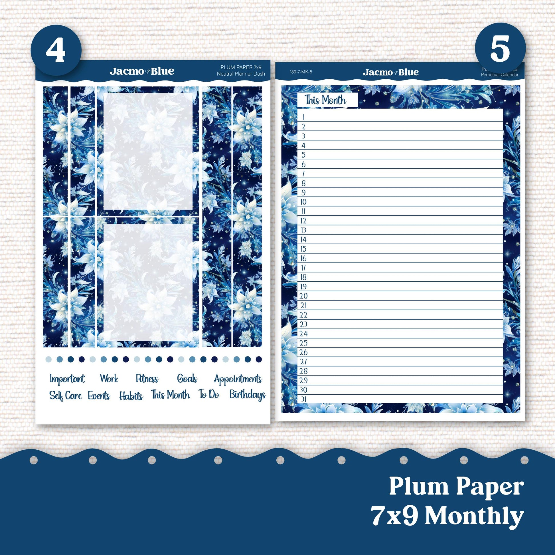 Icy Flowers Plum Paper Monthly Sticker Kit for 8x11 7x9 A5 Planners - Kit 189 Planner Stickers Blue winter Januray