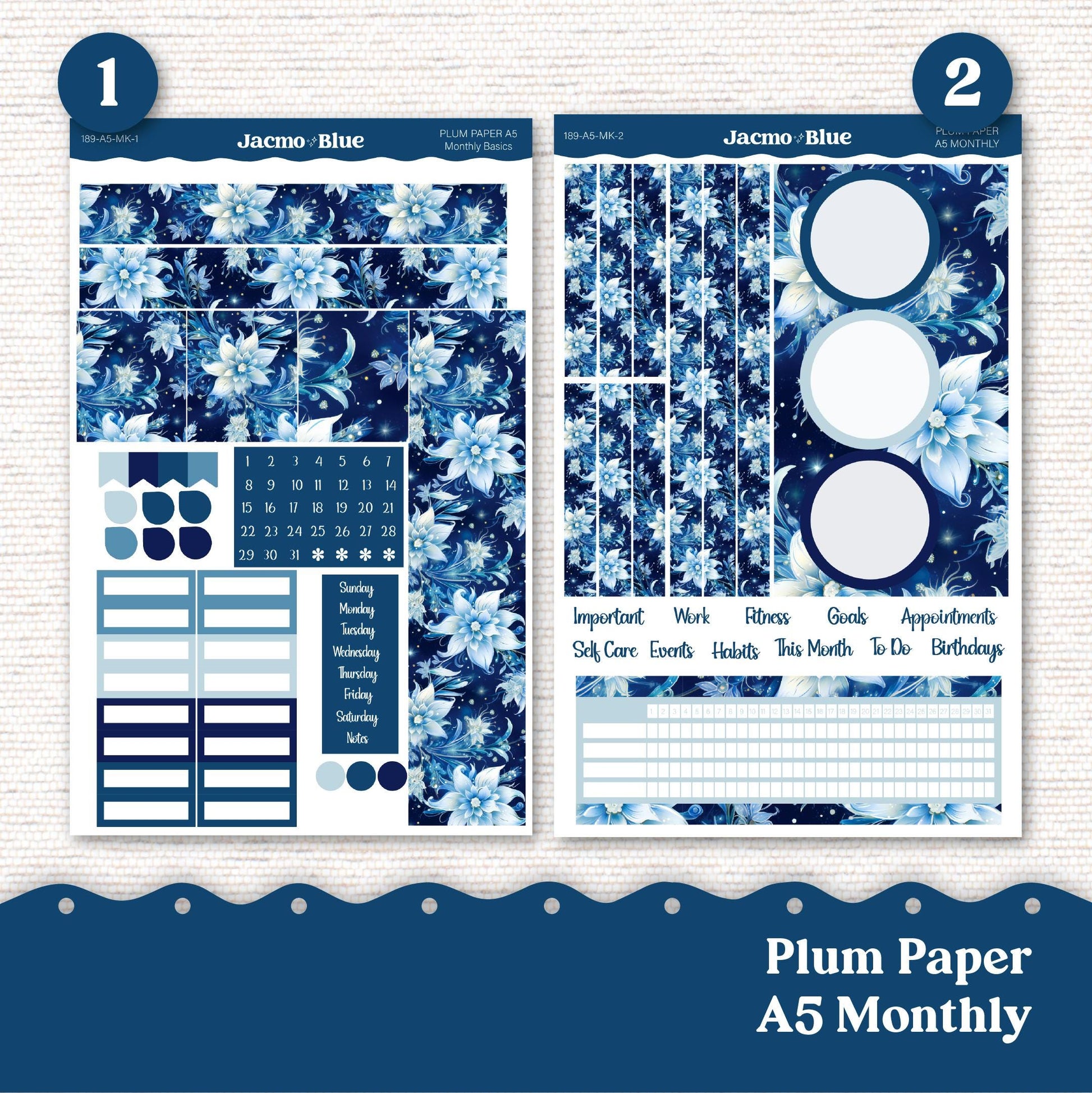 Icy Flowers Plum Paper Monthly Sticker Kit for 8x11 7x9 A5 Planners - Kit 189 Planner Stickers Blue winter Januray