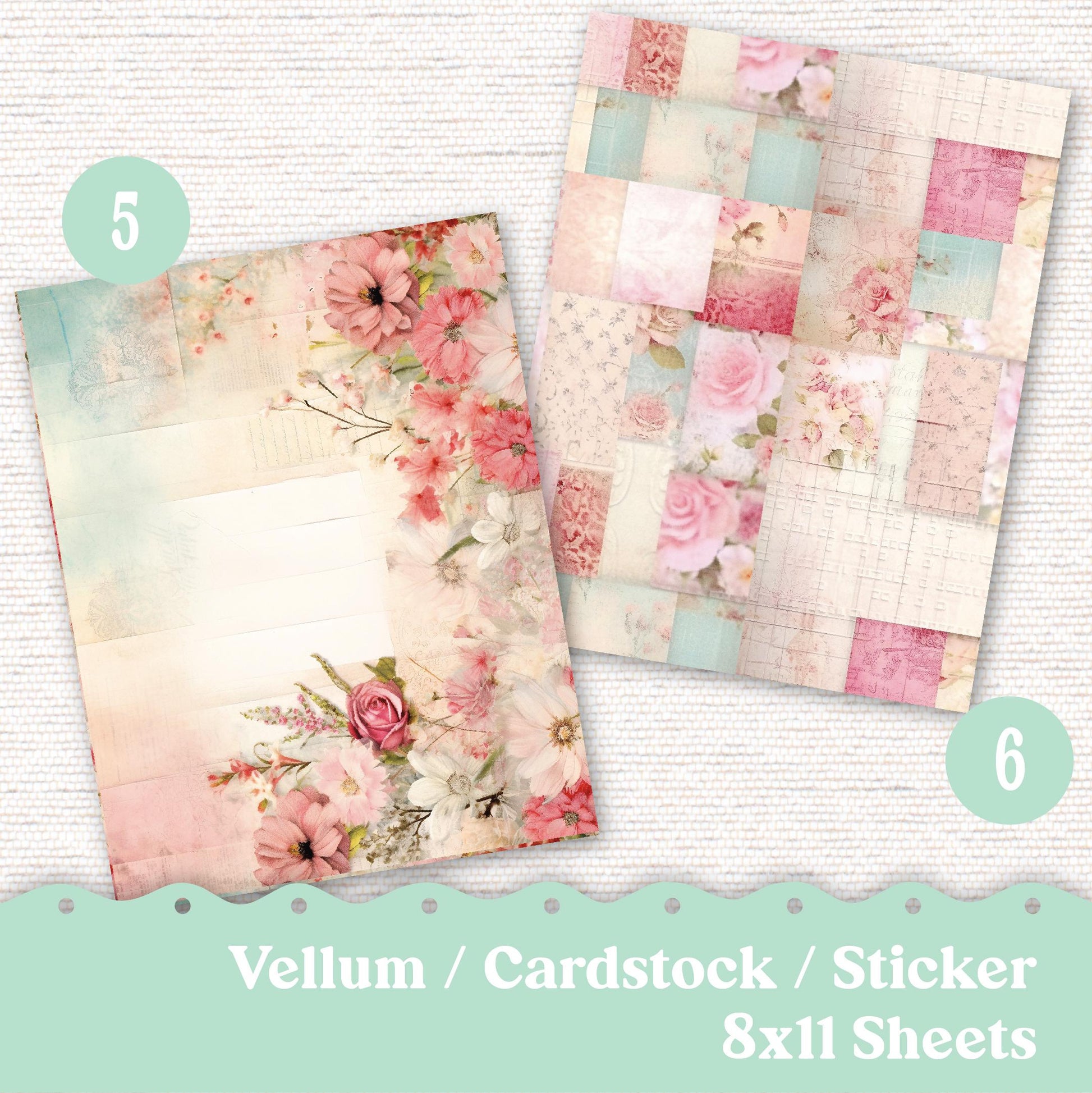 Vellum or Cardstock Dashboard Tip-in for Planners or Junk Journaling - Kit 131V - Quilted Rose