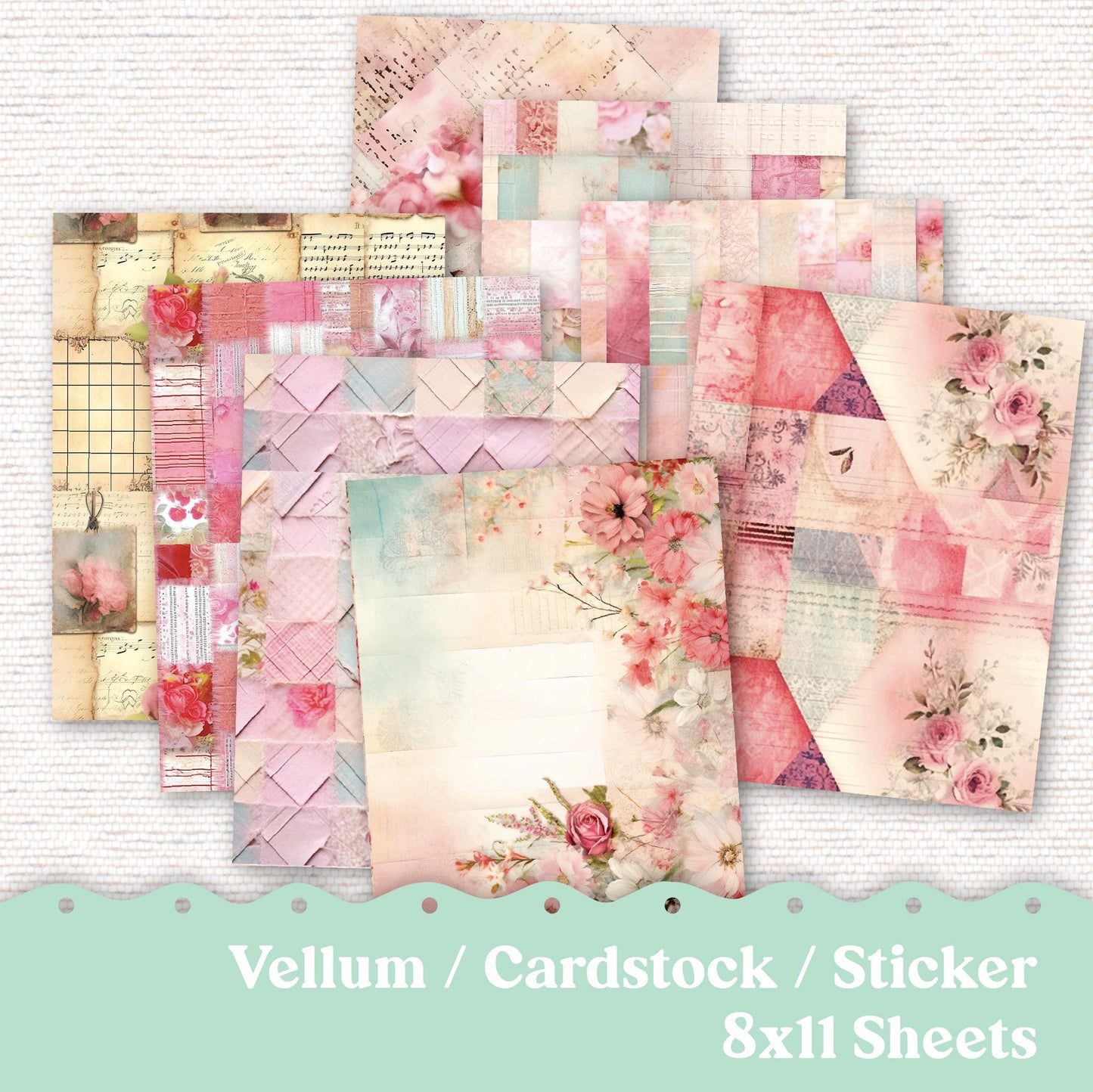 Vellum or Cardstock Dashboard Tip-in for Planners or Junk Journaling - Kit 131V - Quilted Rose