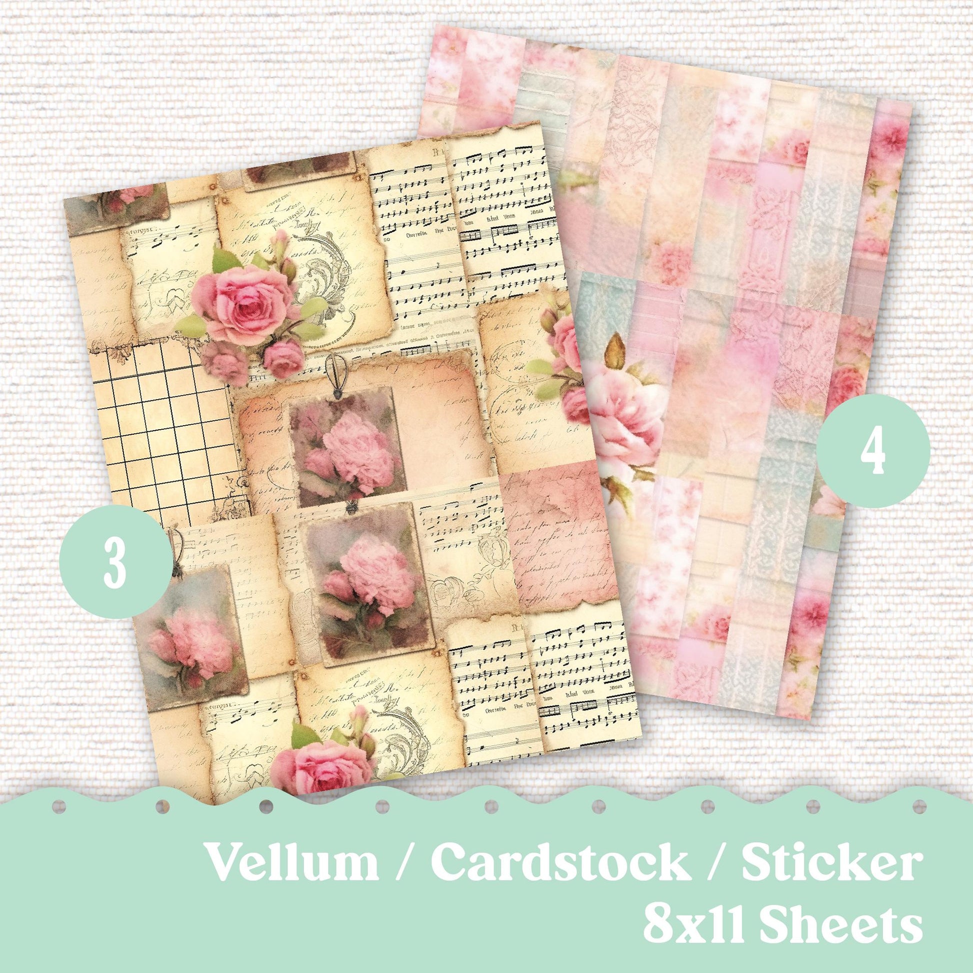 Vellum or Cardstock Dashboard Tip-in for Planners or Junk Journaling - Kit 131V - Quilted Rose