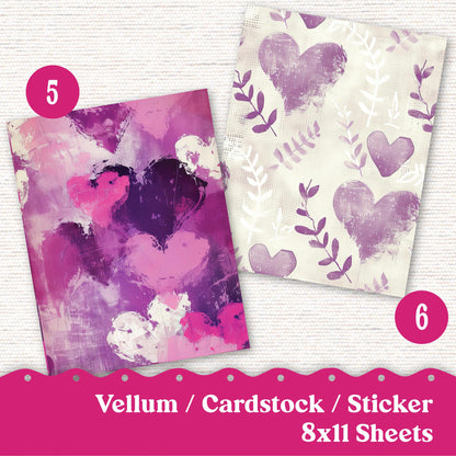 Vellum or Cardstock Dashboard Tip-in for Planners or Junk Journaling - Kit 132V- Rustic Hearts, Shabby Chic, Valentine's Day February Pink