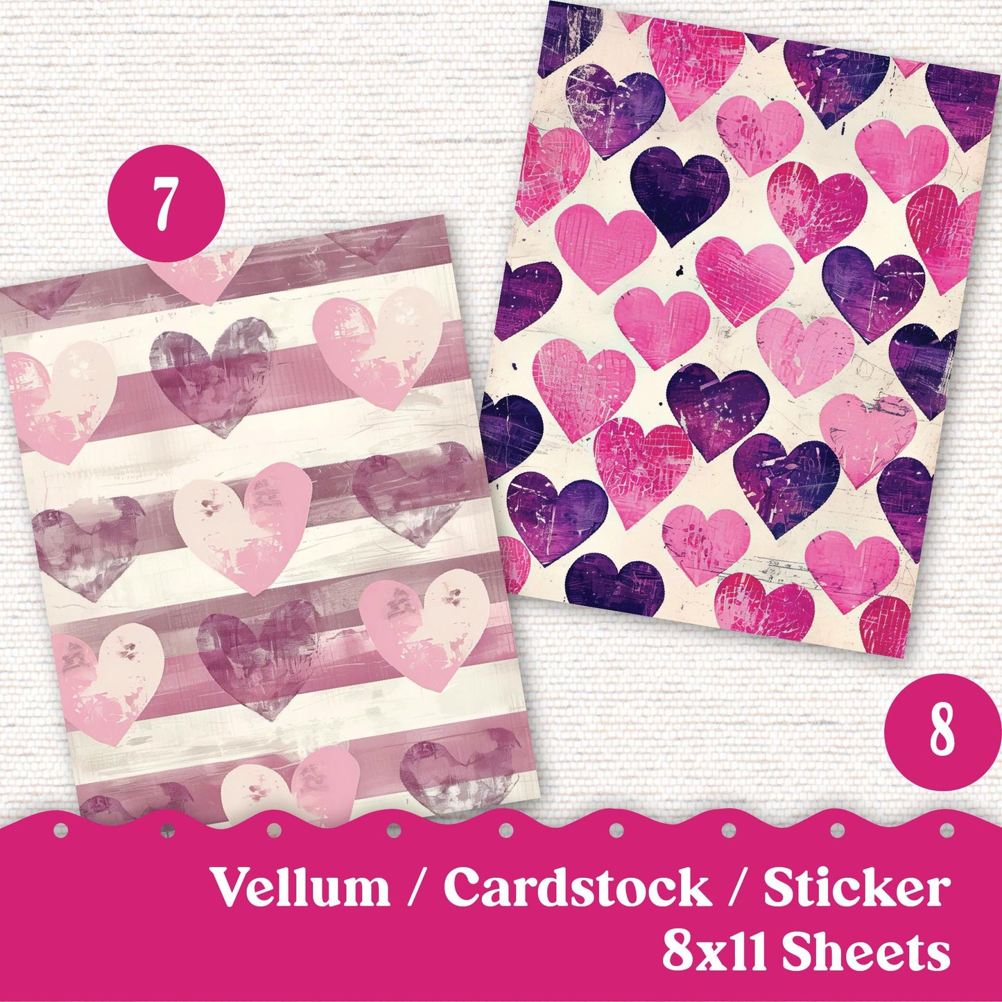 Vellum or Cardstock Dashboard Tip-in for Planners or Junk Journaling - Kit 132V- Rustic Hearts, Shabby Chic, Valentine's Day February Pink