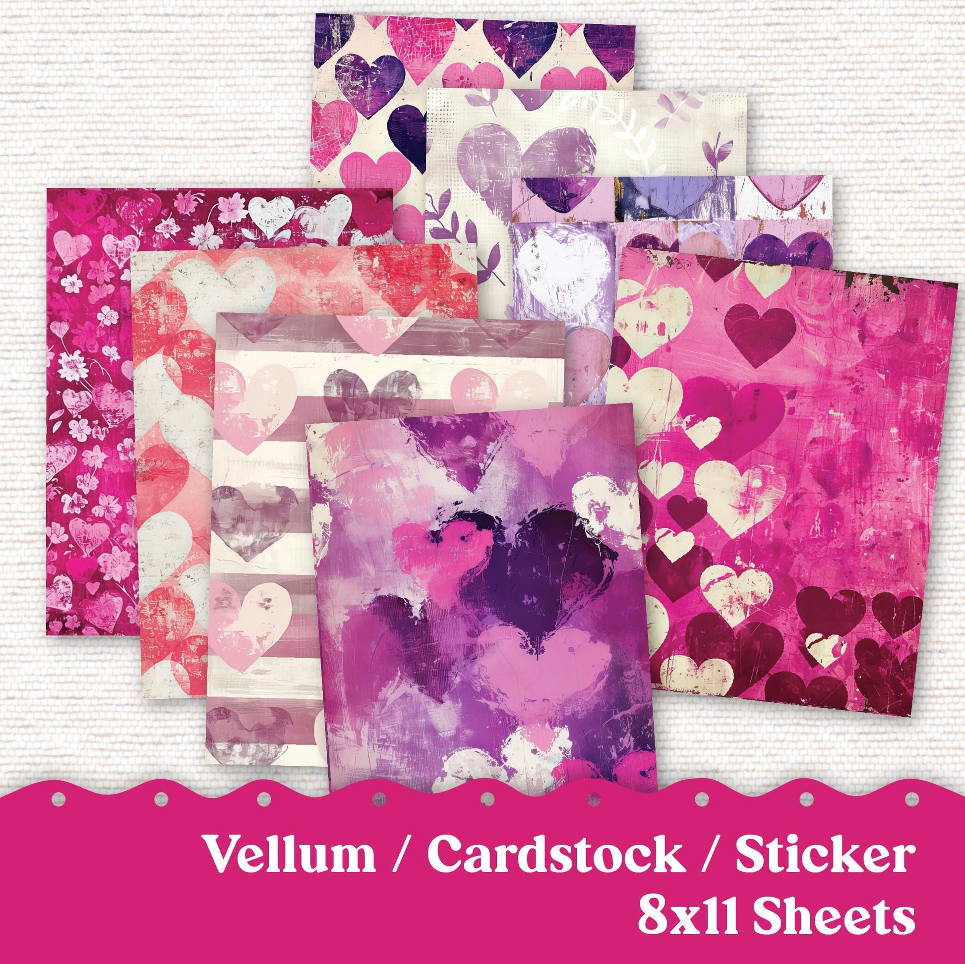 Vellum or Cardstock Dashboard Tip-in for Planners or Junk Journaling - Kit 132V- Rustic Hearts, Shabby Chic, Valentine's Day February Pink