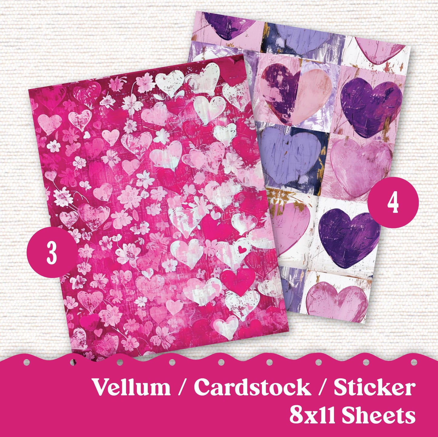 Vellum or Cardstock Dashboard Tip-in for Planners or Junk Journaling - Kit 132V- Rustic Hearts, Shabby Chic, Valentine's Day February Pink