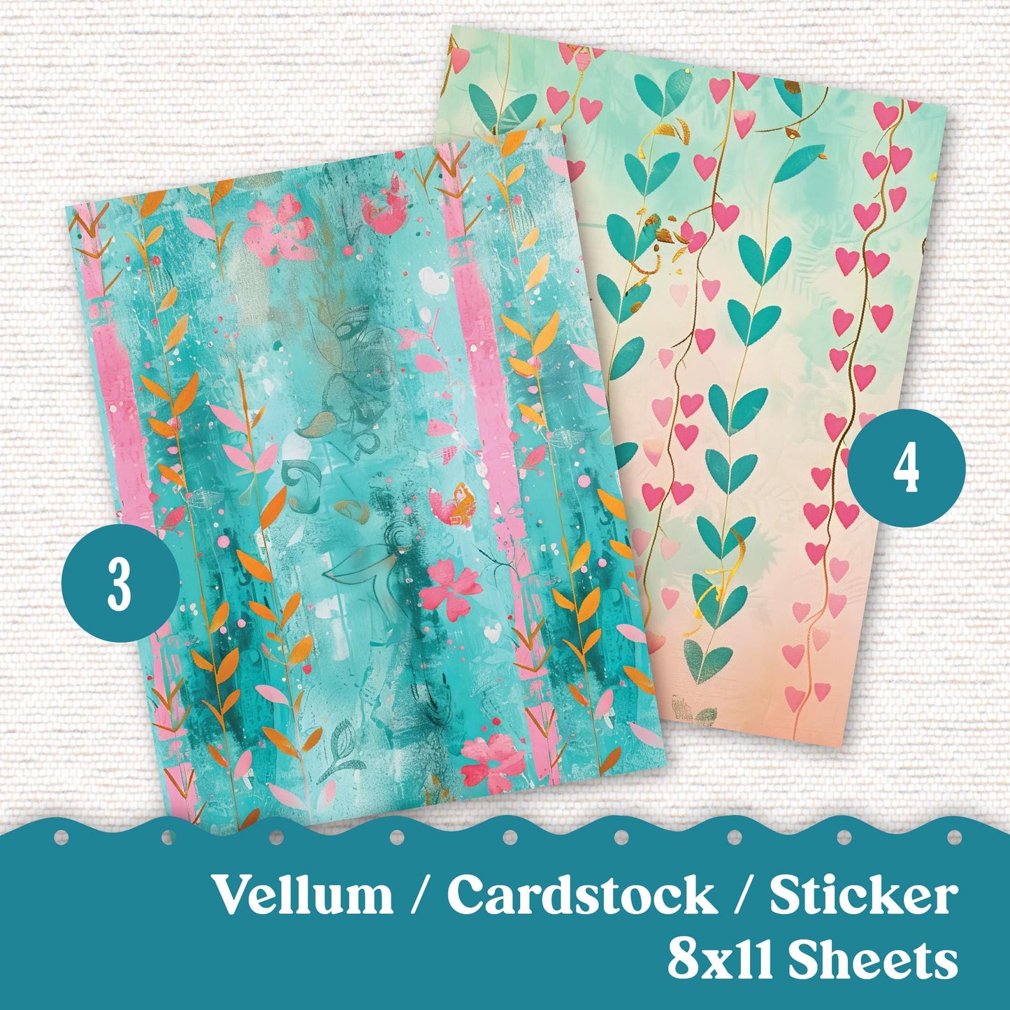 Vellum or Cardstock Dashboard Tip-in for Planners or Junk Journaling - Kit 133V- Teal Pink Gold Distressed Grunge